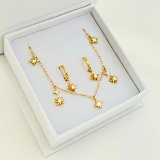 Diamond CZ Starburst Pendant Gold Necklace Gift Box Set
