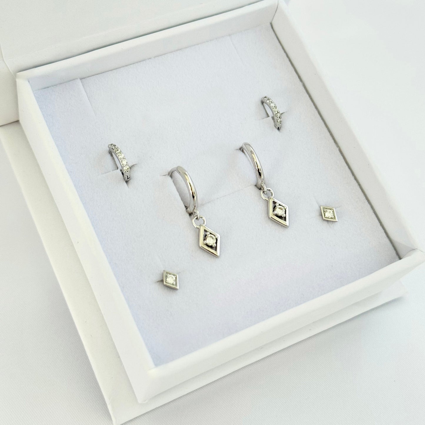 Rhombus Dangle Earrings SILVER 3 Pair Gift Box Set