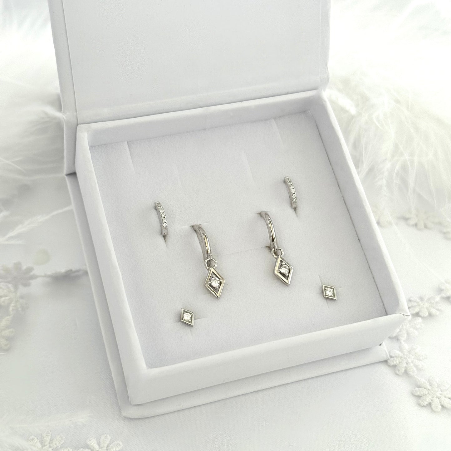 Rhombus Dangle Earrings SILVER 3 Pair Gift Box Set