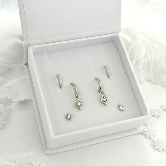 Rhombus Dangle Earrings SILVER 3 Pair Gift Box Set