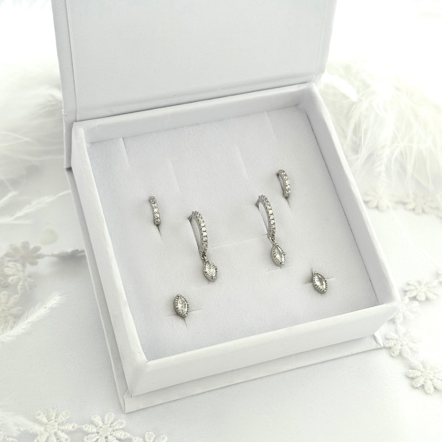 Marquise Oval Dangle Silver Earring Set