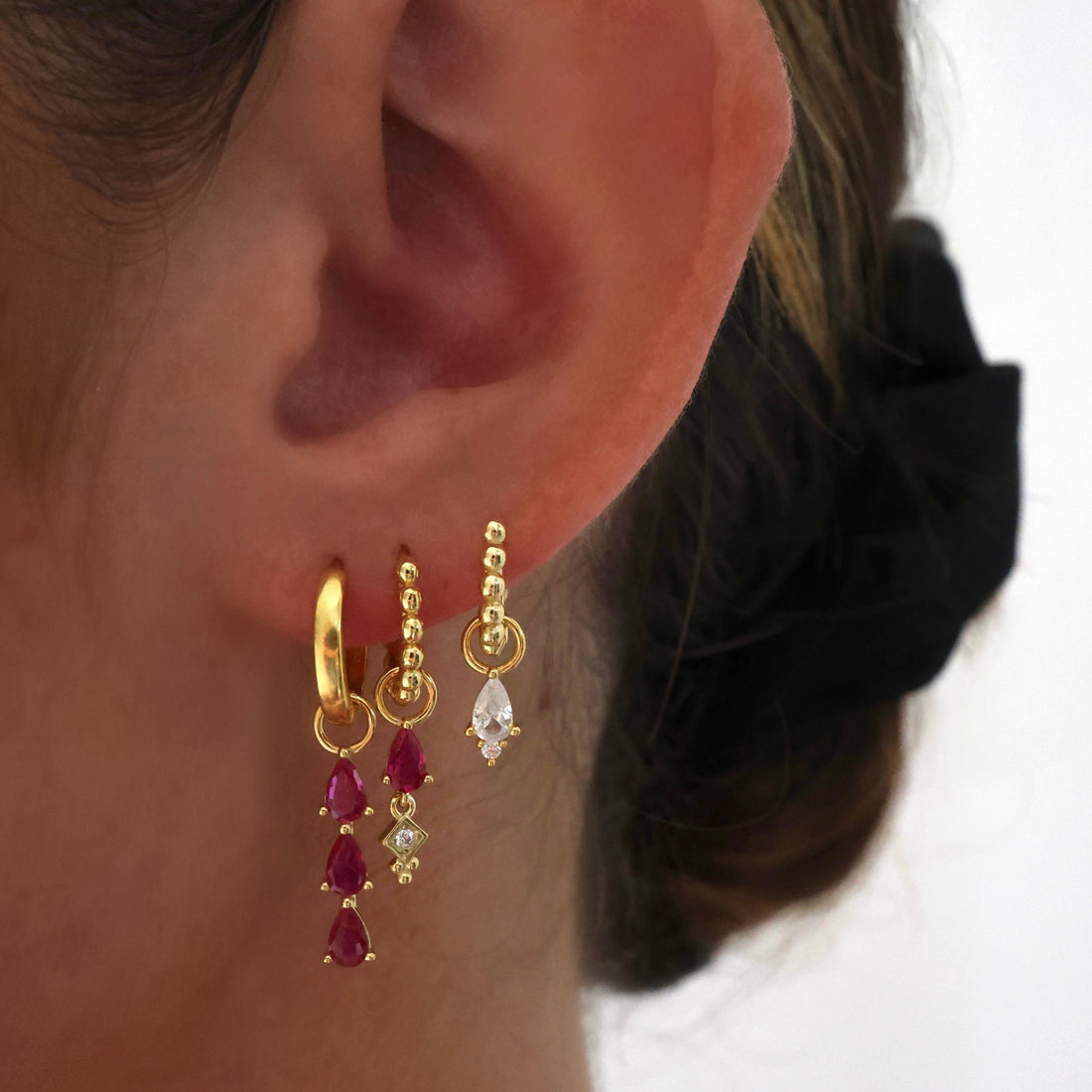 Pink Earing Stack Pink 3 Teardrop Dangle Gold earring Stacks – ANETT