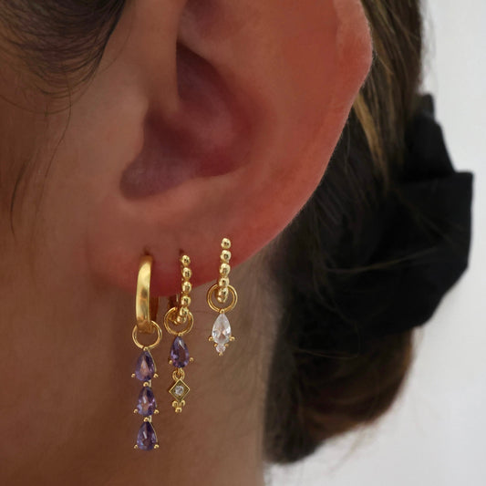 Purple 3 Teardrop Dangle Gold earring Stacks