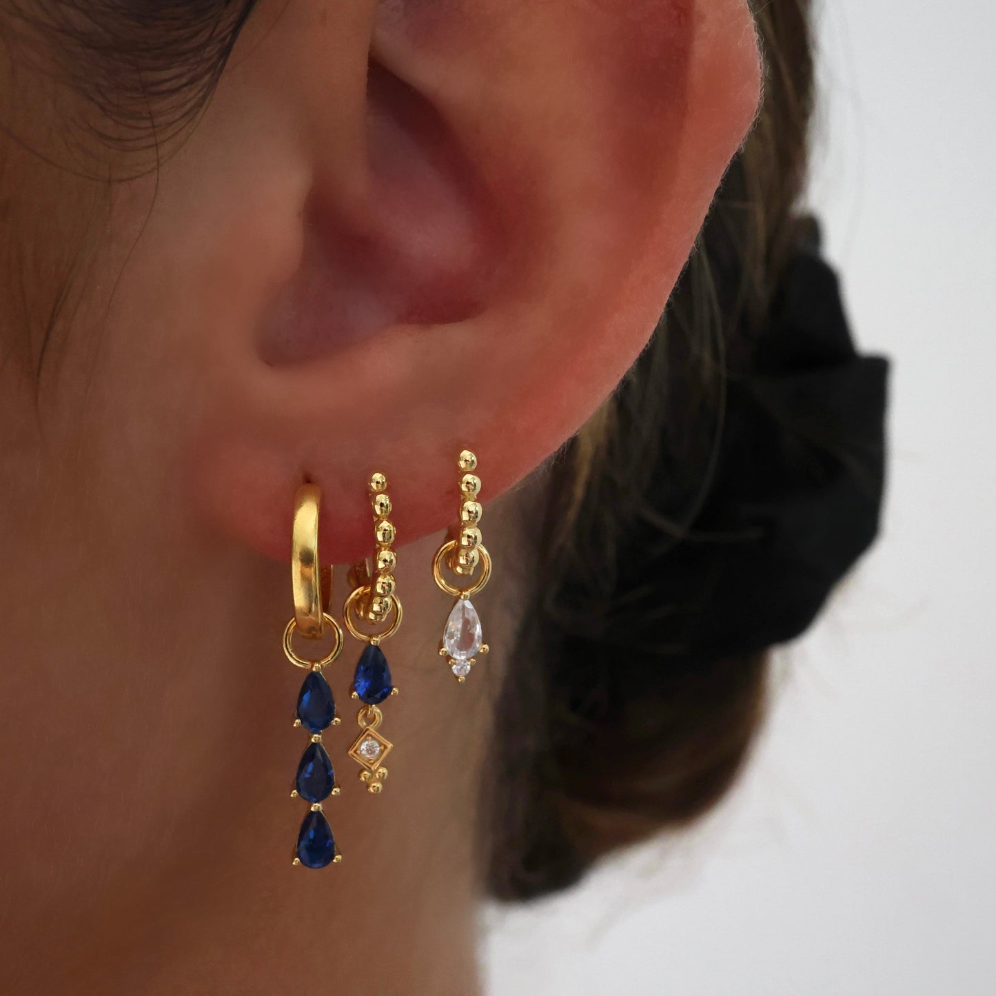 Blue 3 Teardrop Dangle Gold earring Stacks