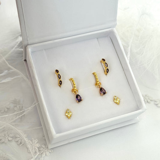 Purple CZ Dangle Earrings 3 Pair Gift Box Set