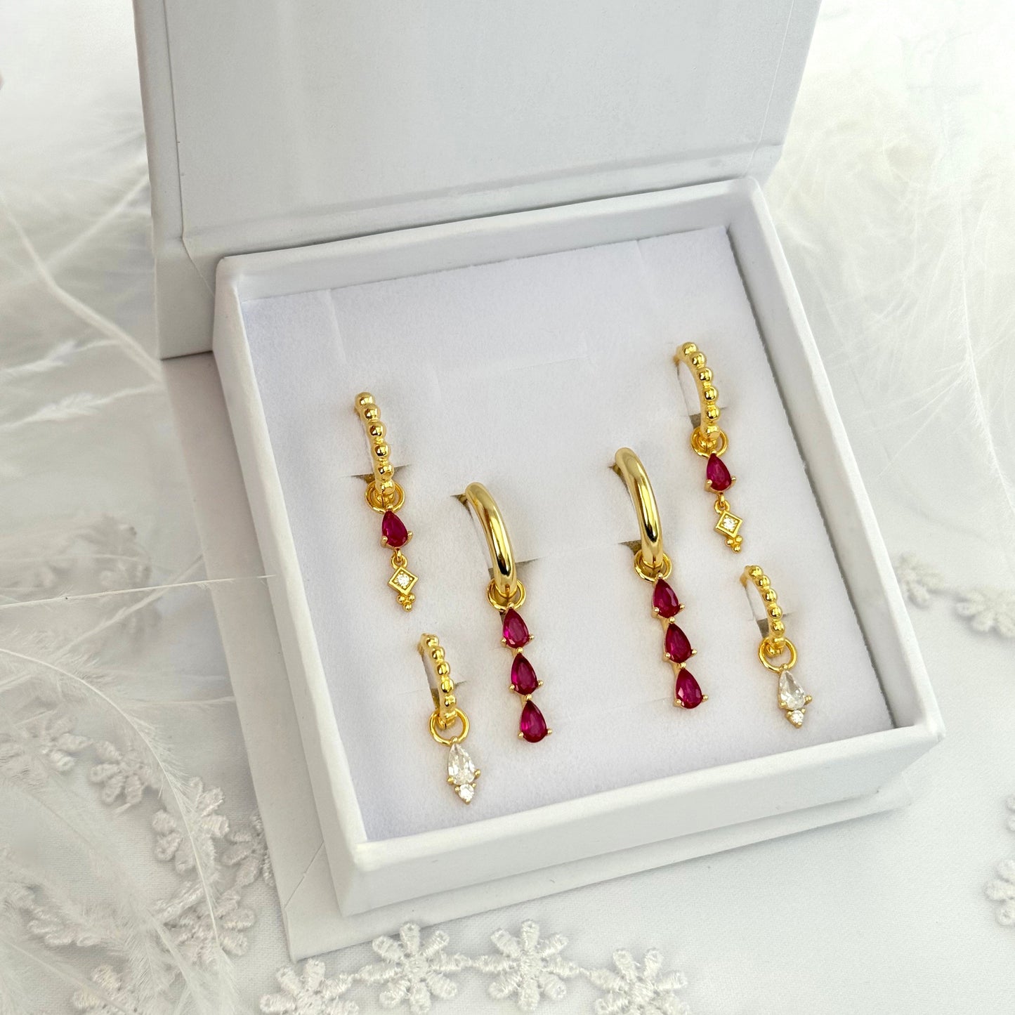 Pink 3 Teardrop Dangle Gold Earring Gift Box Set