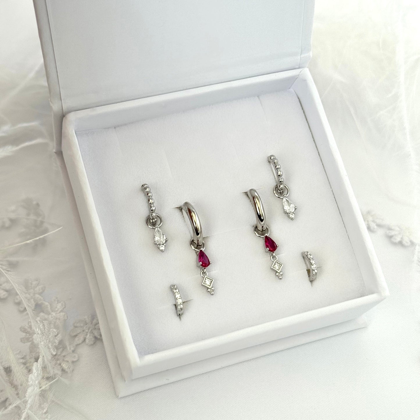 Pink Teardrop Dangle Silver Earring Gift Set