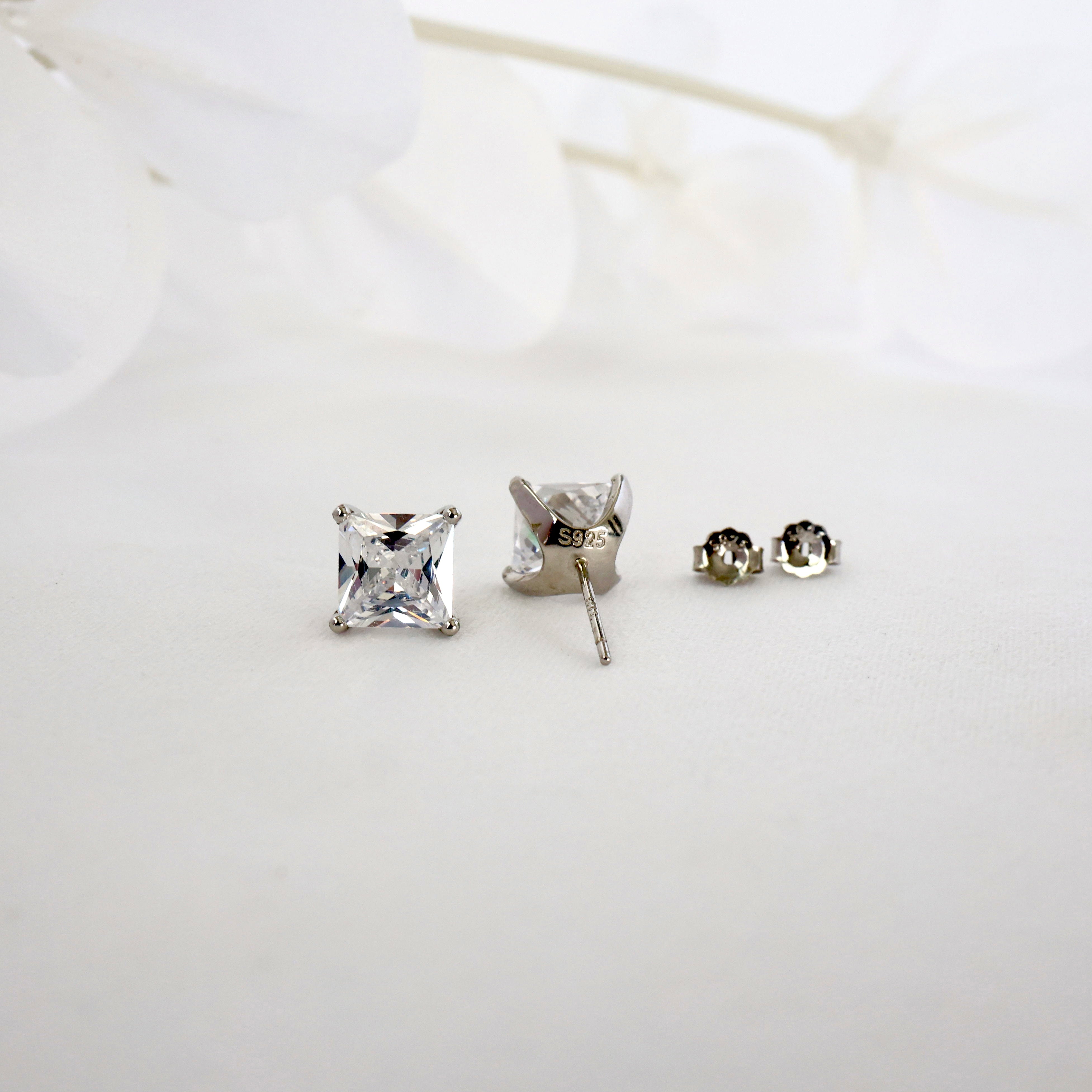 Princess Cut 8mm Diamond CZ Silver Stud Earring