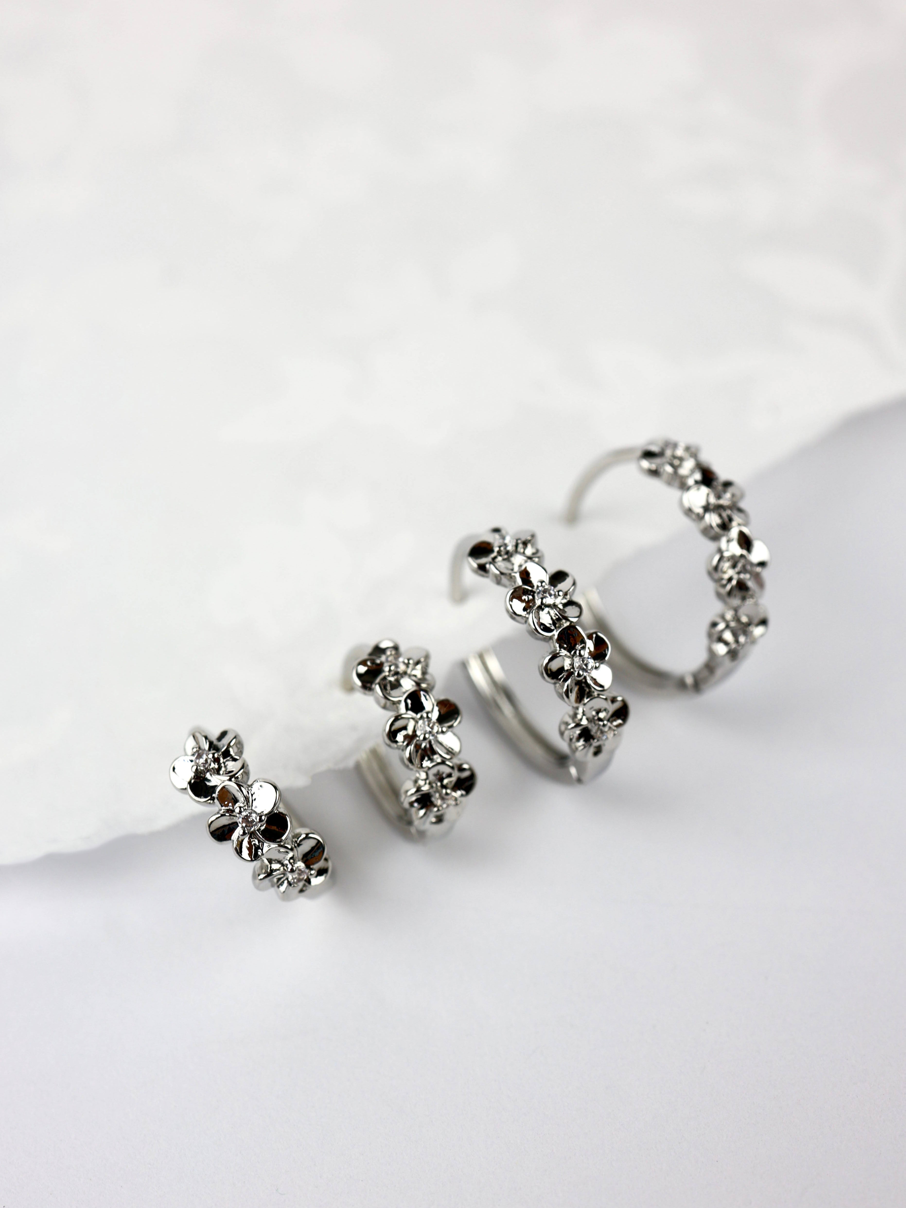Primrose Flower Huggie Hoop Earrings- Silver Small + Medium