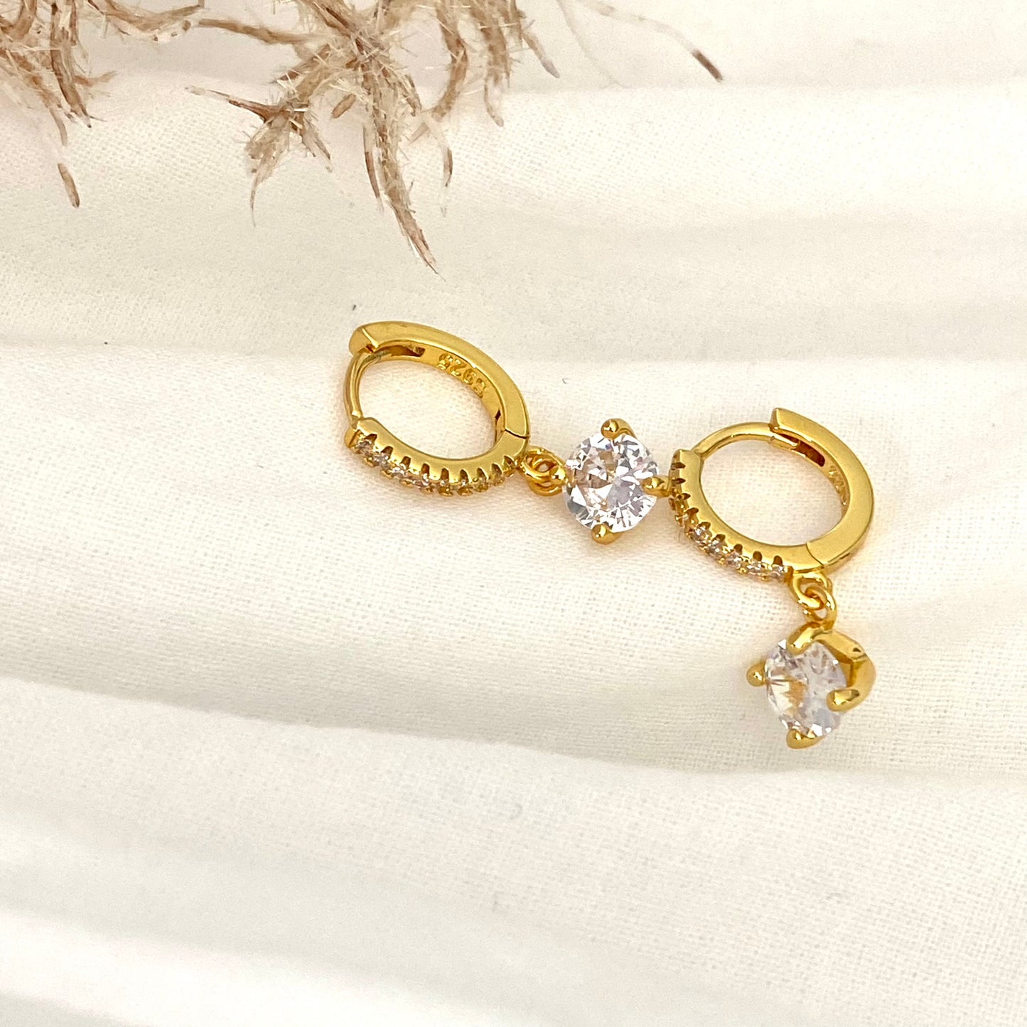 925 Sterling Silver Huggie Hoop Crystal Drop Dangle Gold Earrings