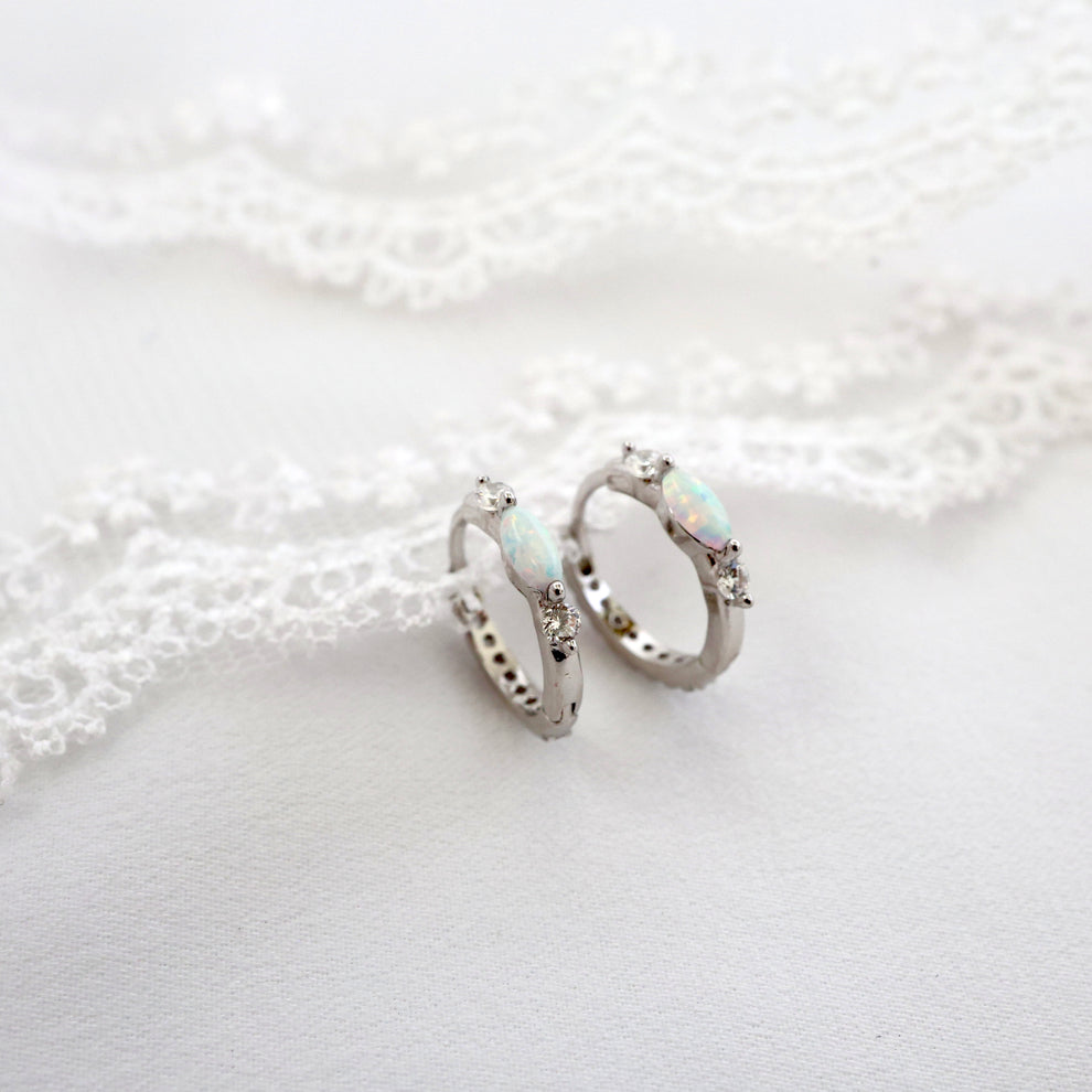 White Opal Silver Huggie Hoop Earrings