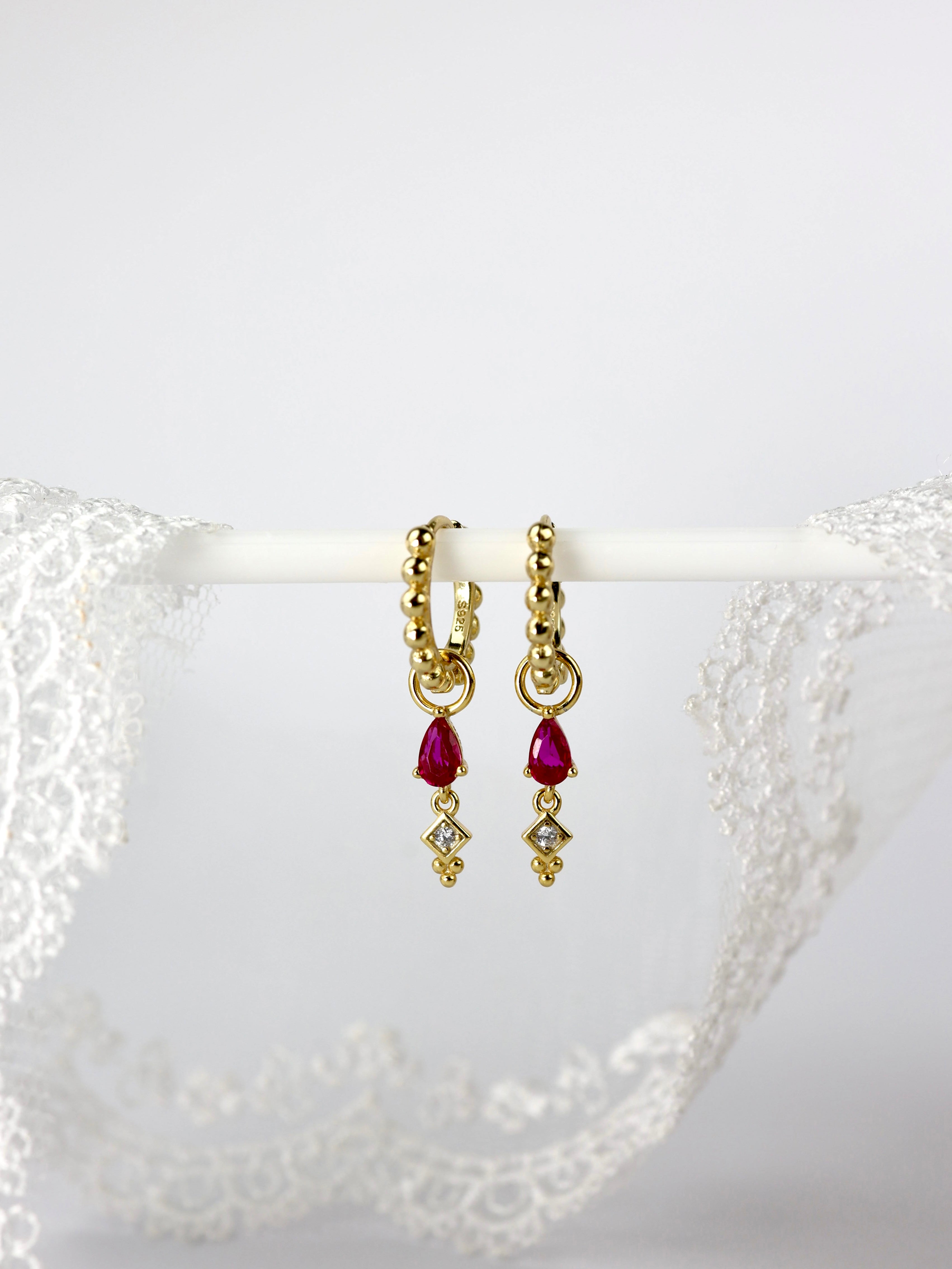 Pink 3 Teardrop Dangle Gold earring Stacks B. Teardrop Pink