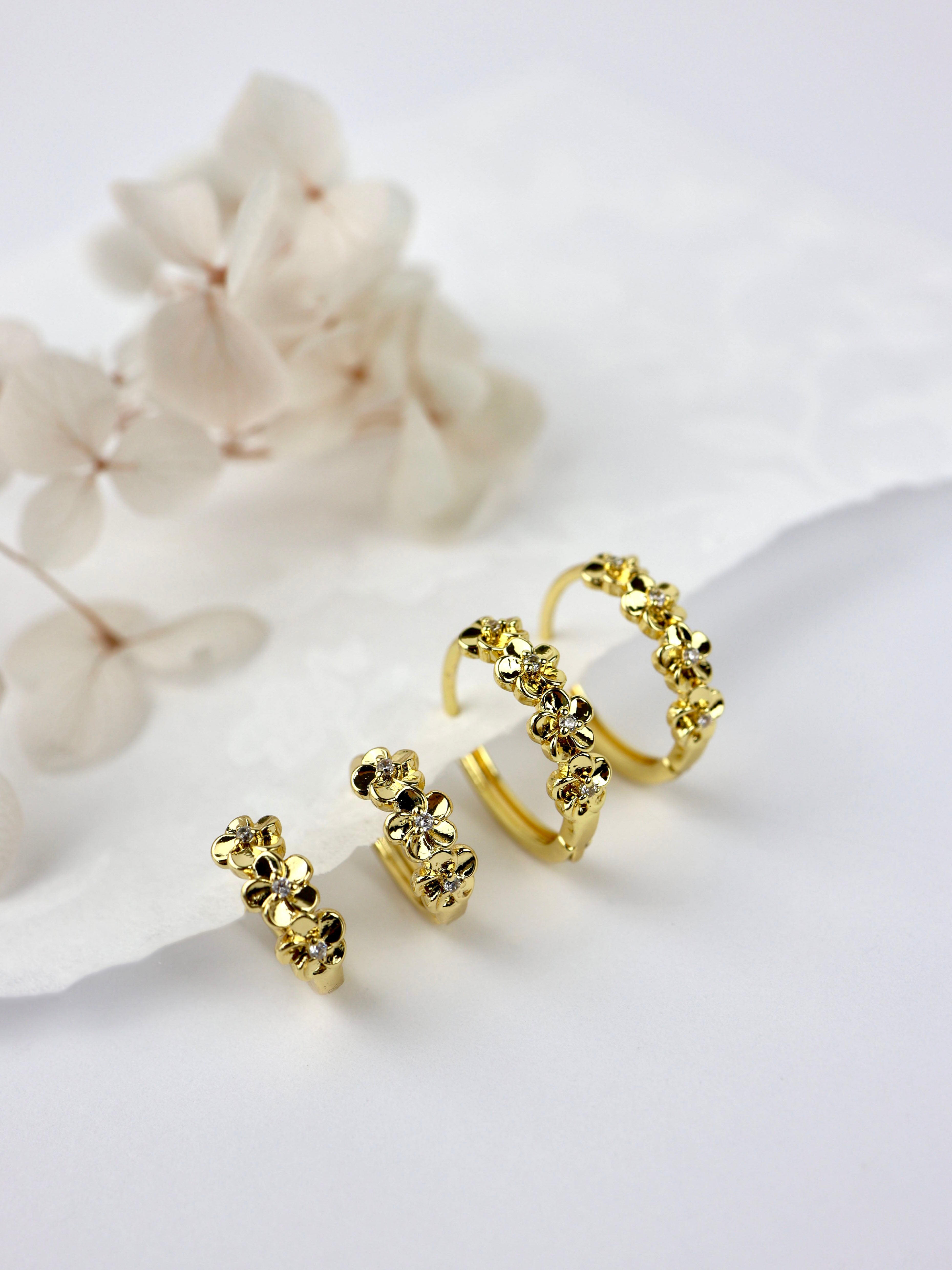 Double Primrose Flower Hoop Stacking Earrings- Gold