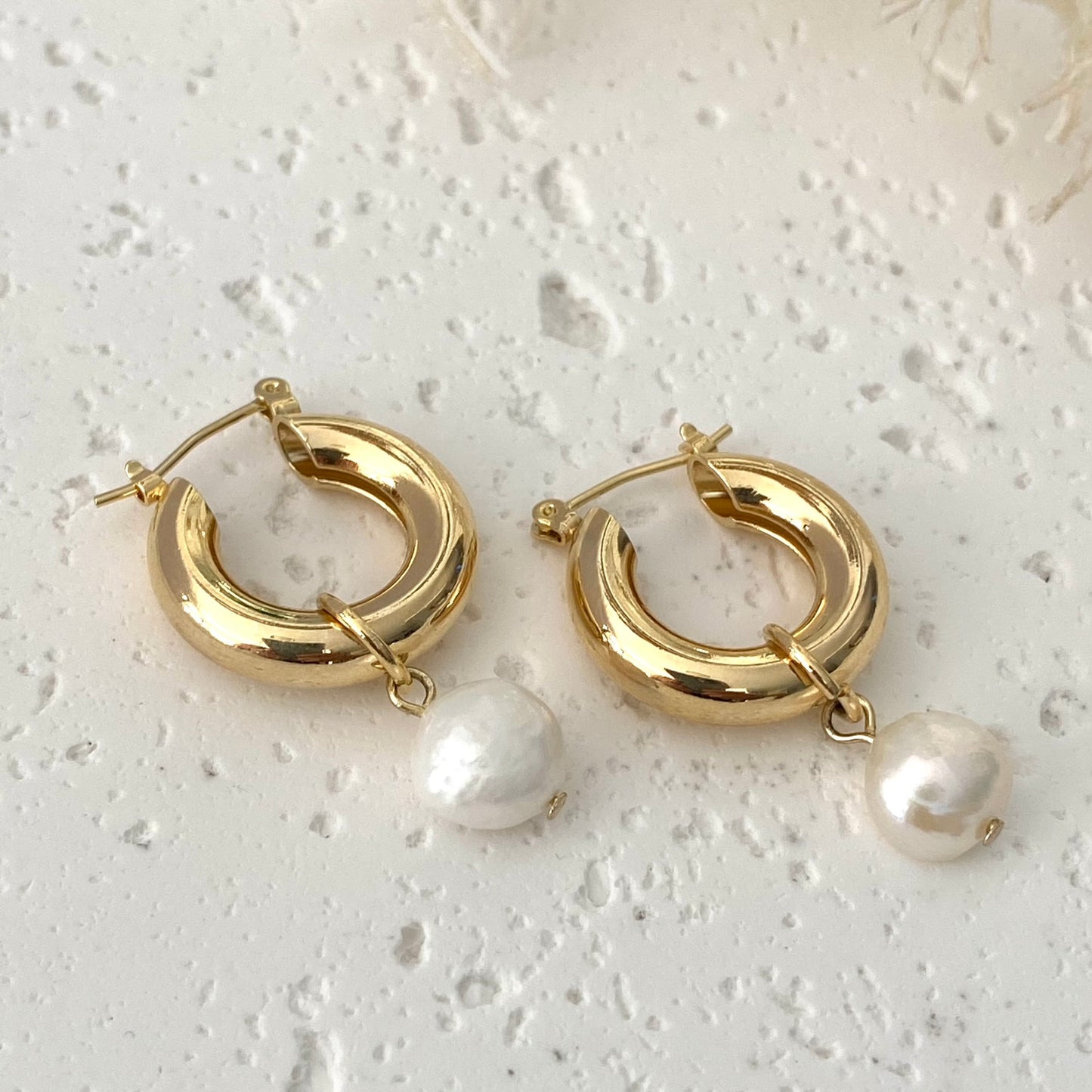 Chunky Gold Hoop with Single Pearl