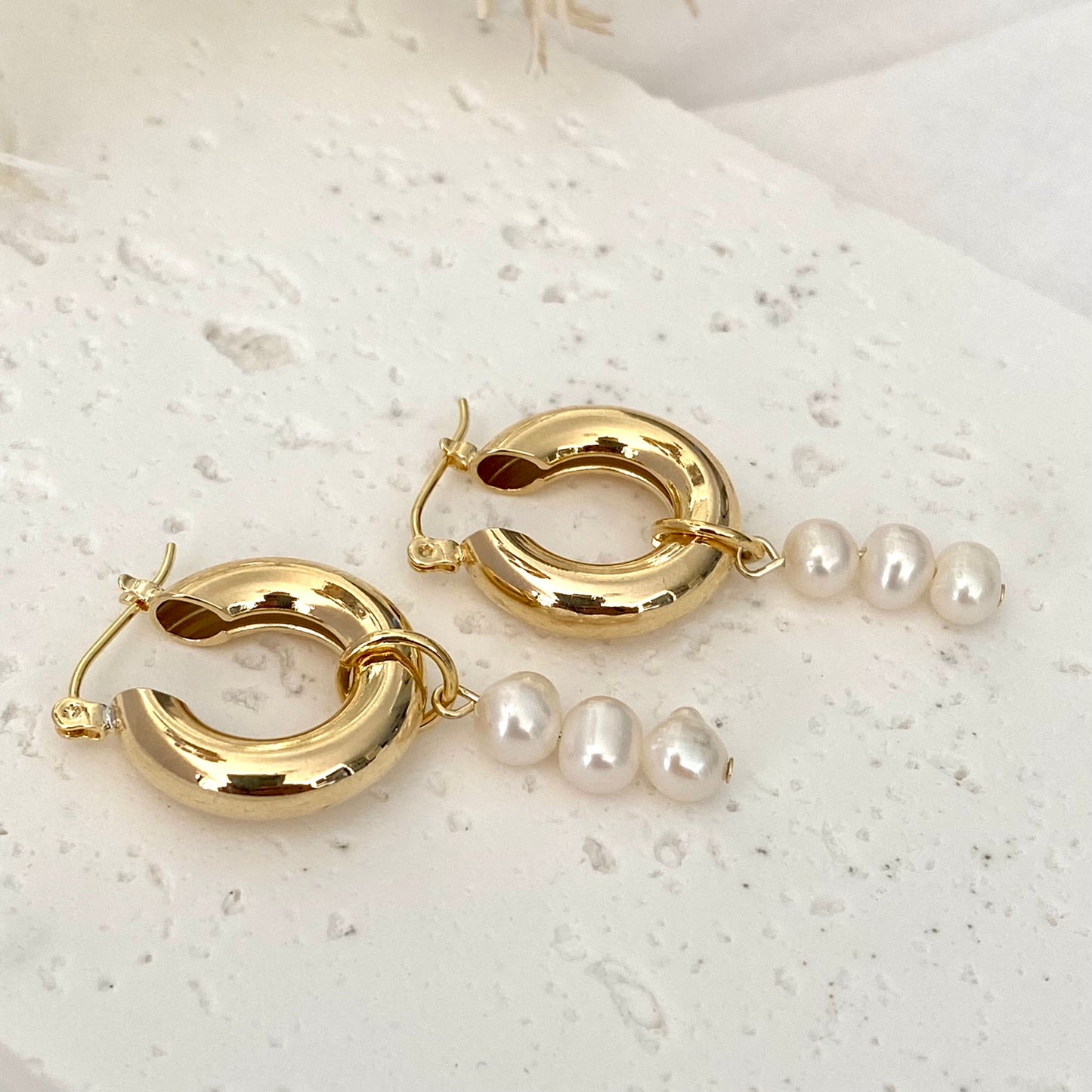 Chunky Gold Hoop with 3 Pearl