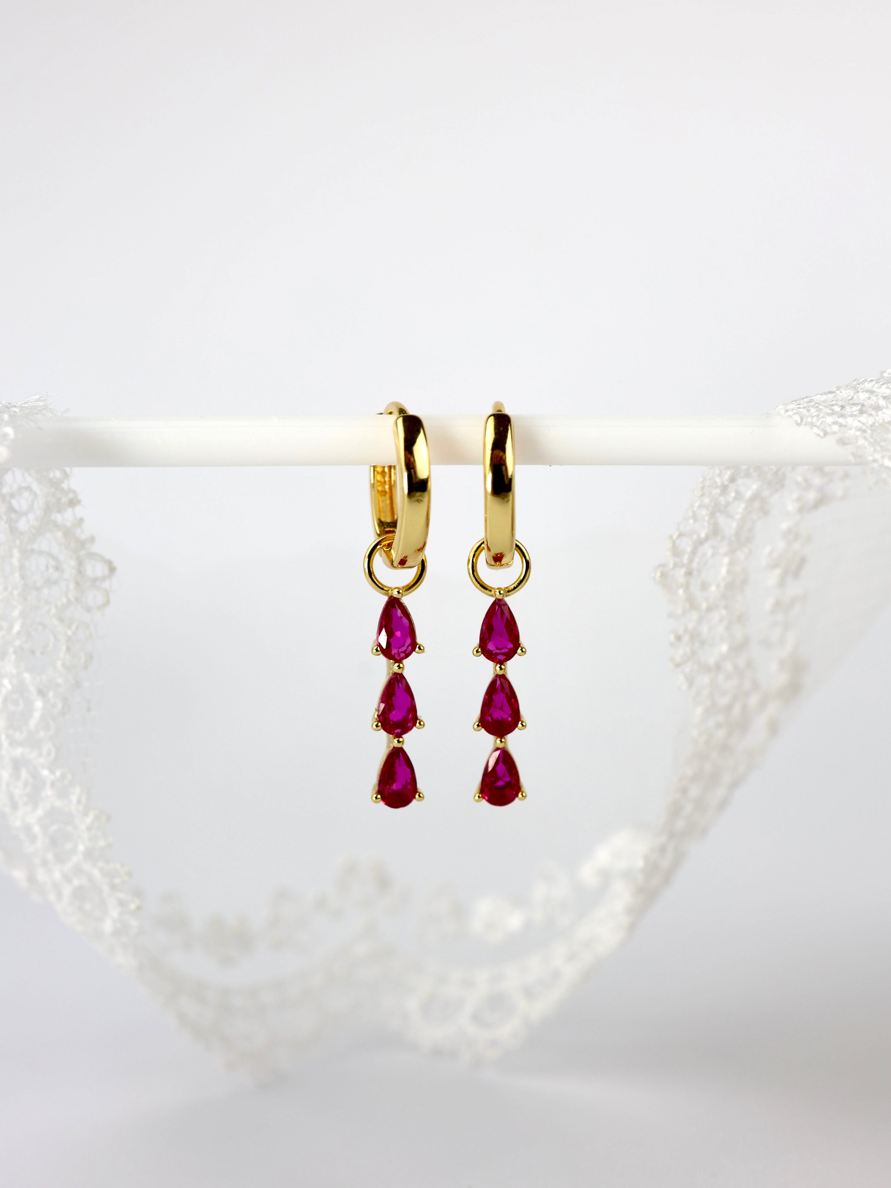 Pink 3 Teardrop Dangle Gold earring Stacks A. 3 Teardrop Pink