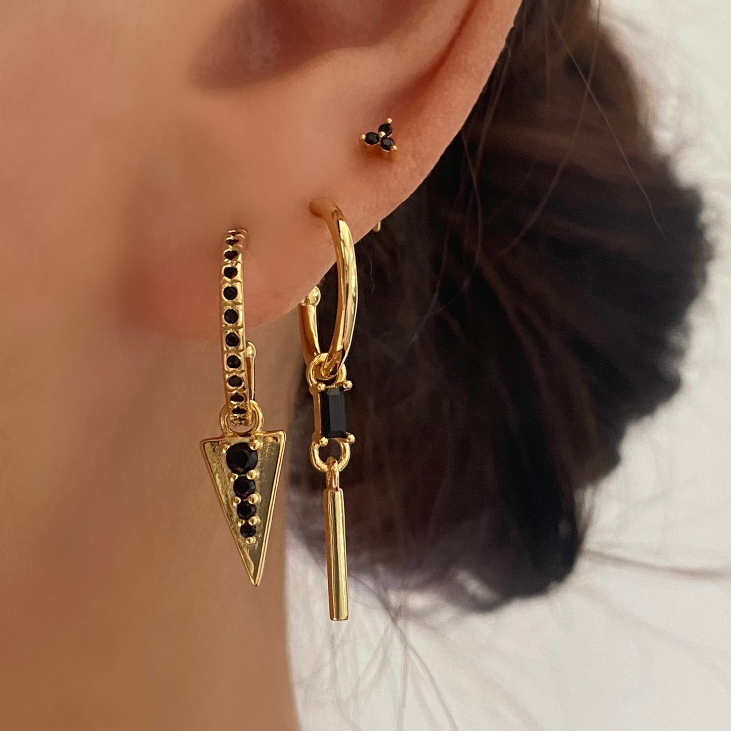 Black Dangly Ear Stack Set, 925 Sterling Silver 3 pieces Gold Earring Set