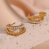 Stainless Steel Double Hoop Pearl Stud Earring