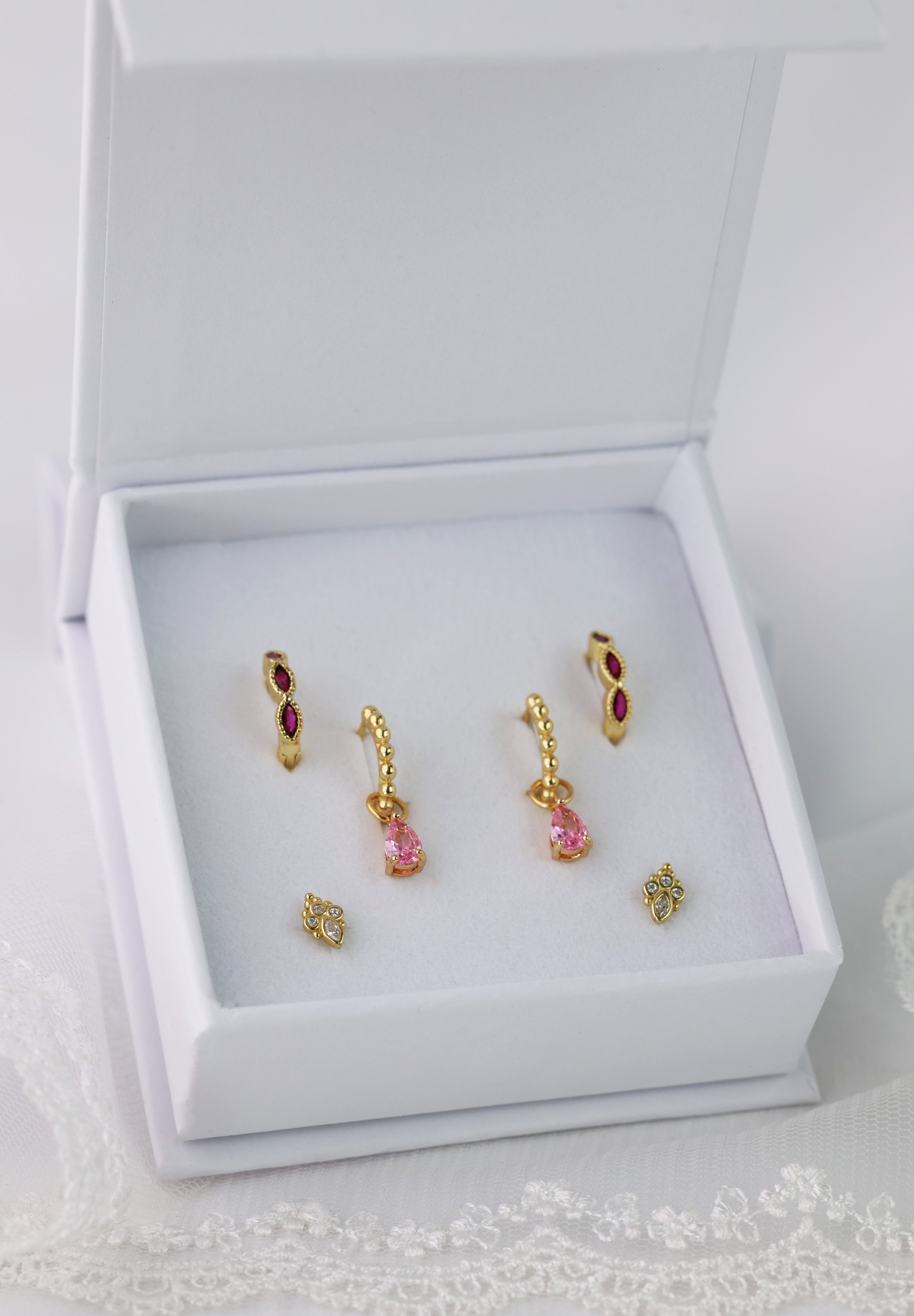 Pink CZ Princess Hoop Earrings 3 Pair Gift Box Set