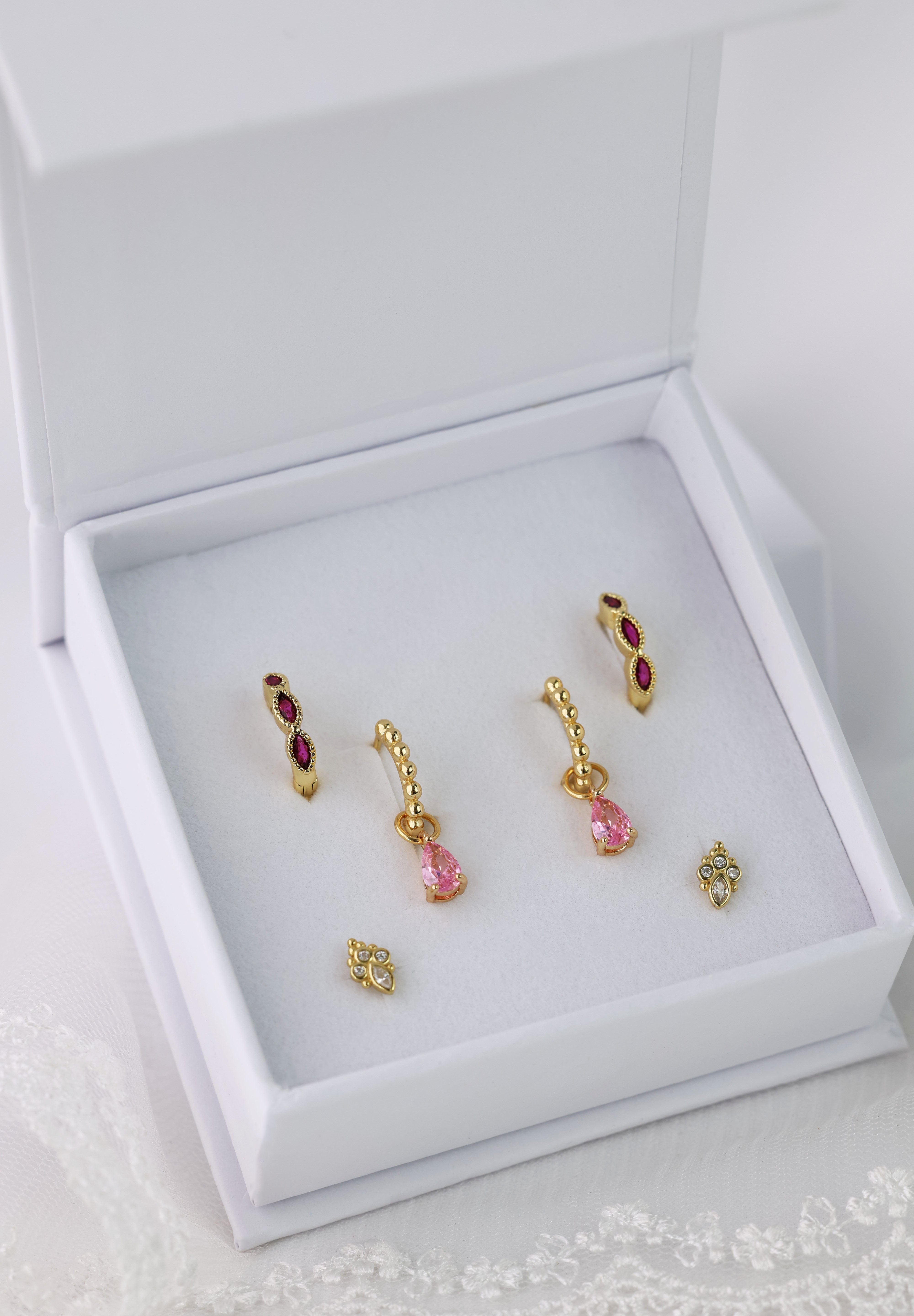 Pink CZ Princess Hoop Earrings 3 Pair Gift Box Set