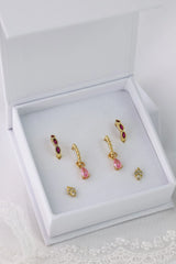 Pink Marquise Gold Hoop Earrings A + B + C Full Set with a Box