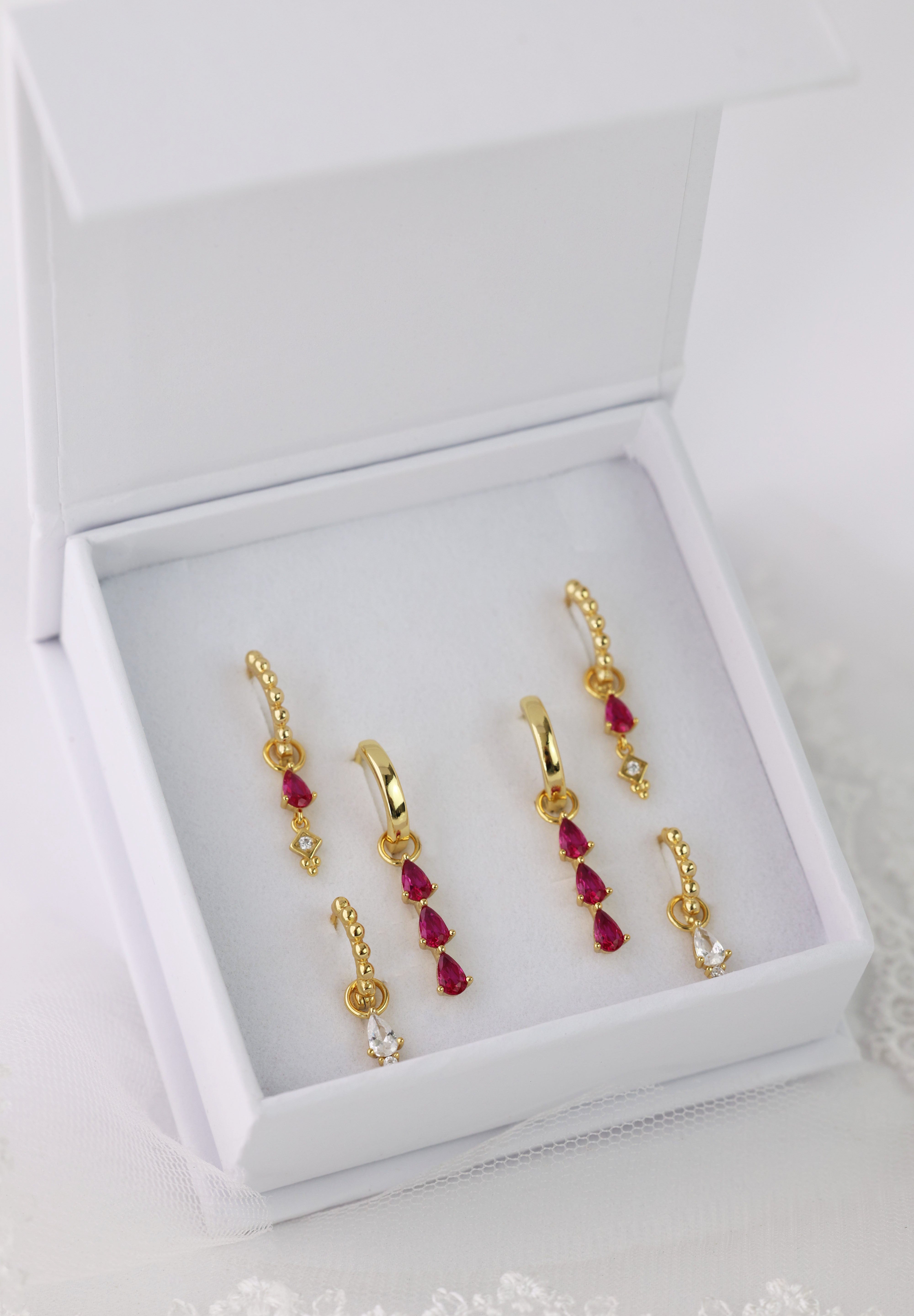 Pink 3 Teardrop Dangle Gold earring Stacks A + B + C (6 earrings)