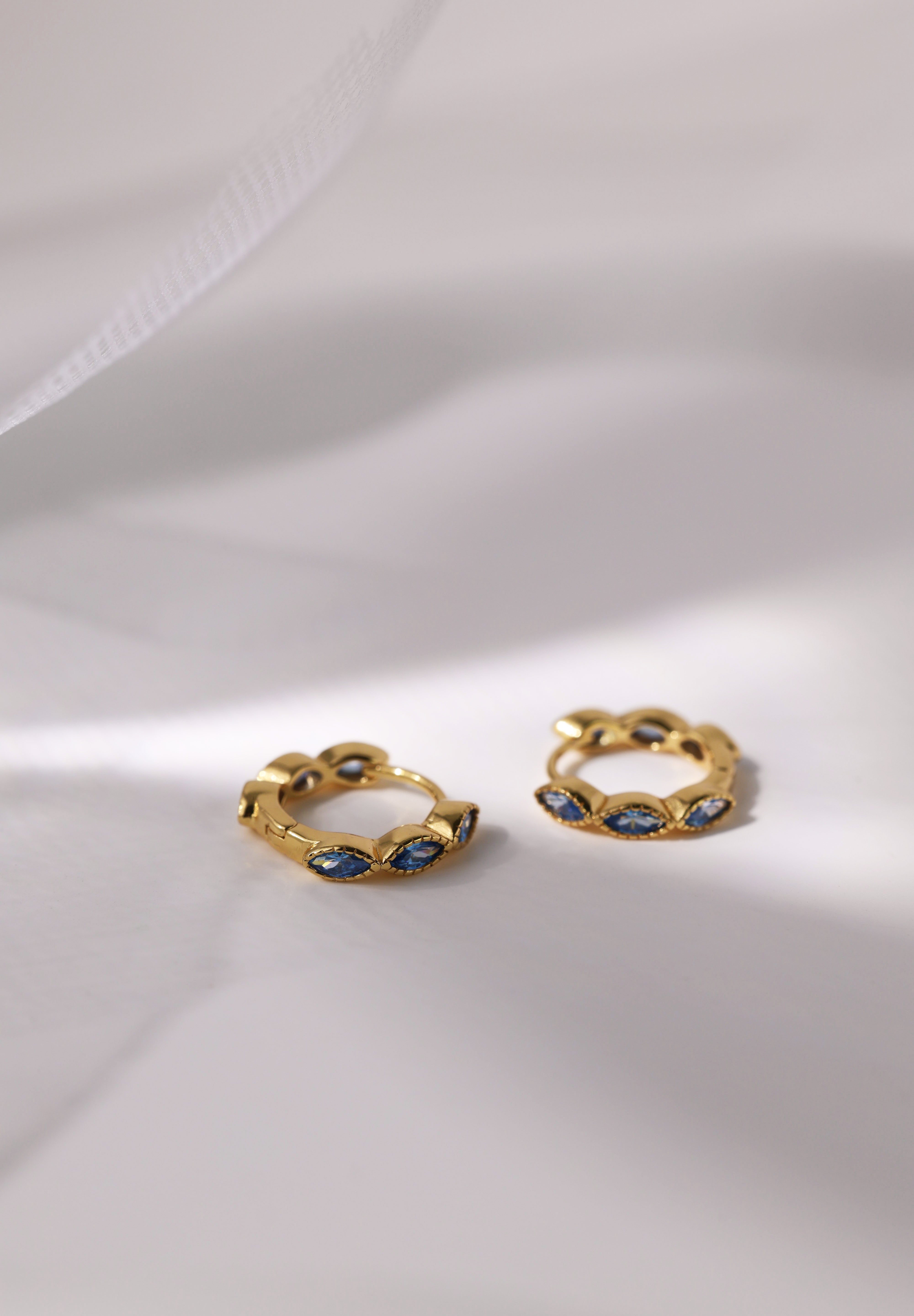 Blue Marquise Gold Hoops- Sterling Silver