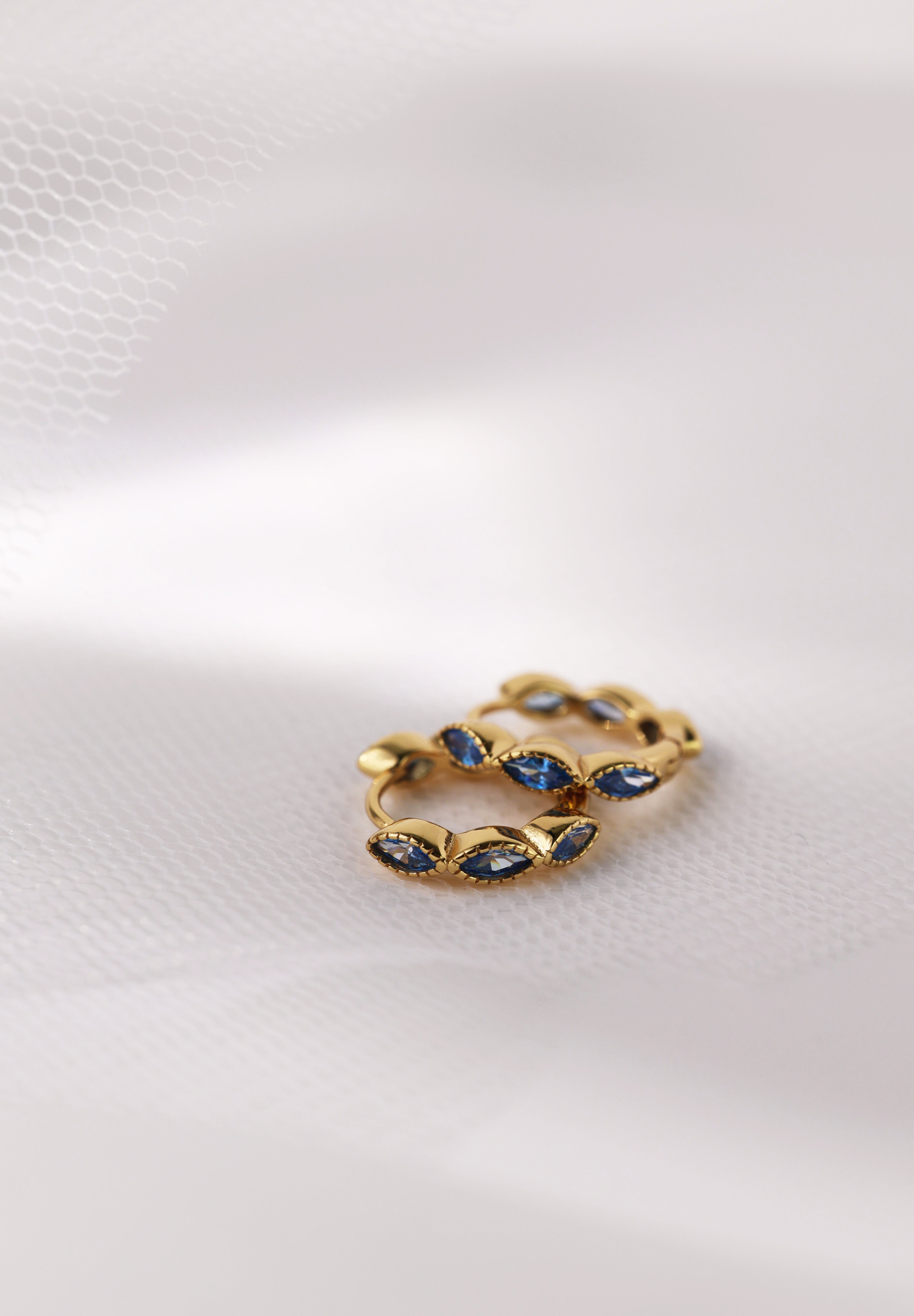 Blue Marquise Gold Hoops- Sterling Silver