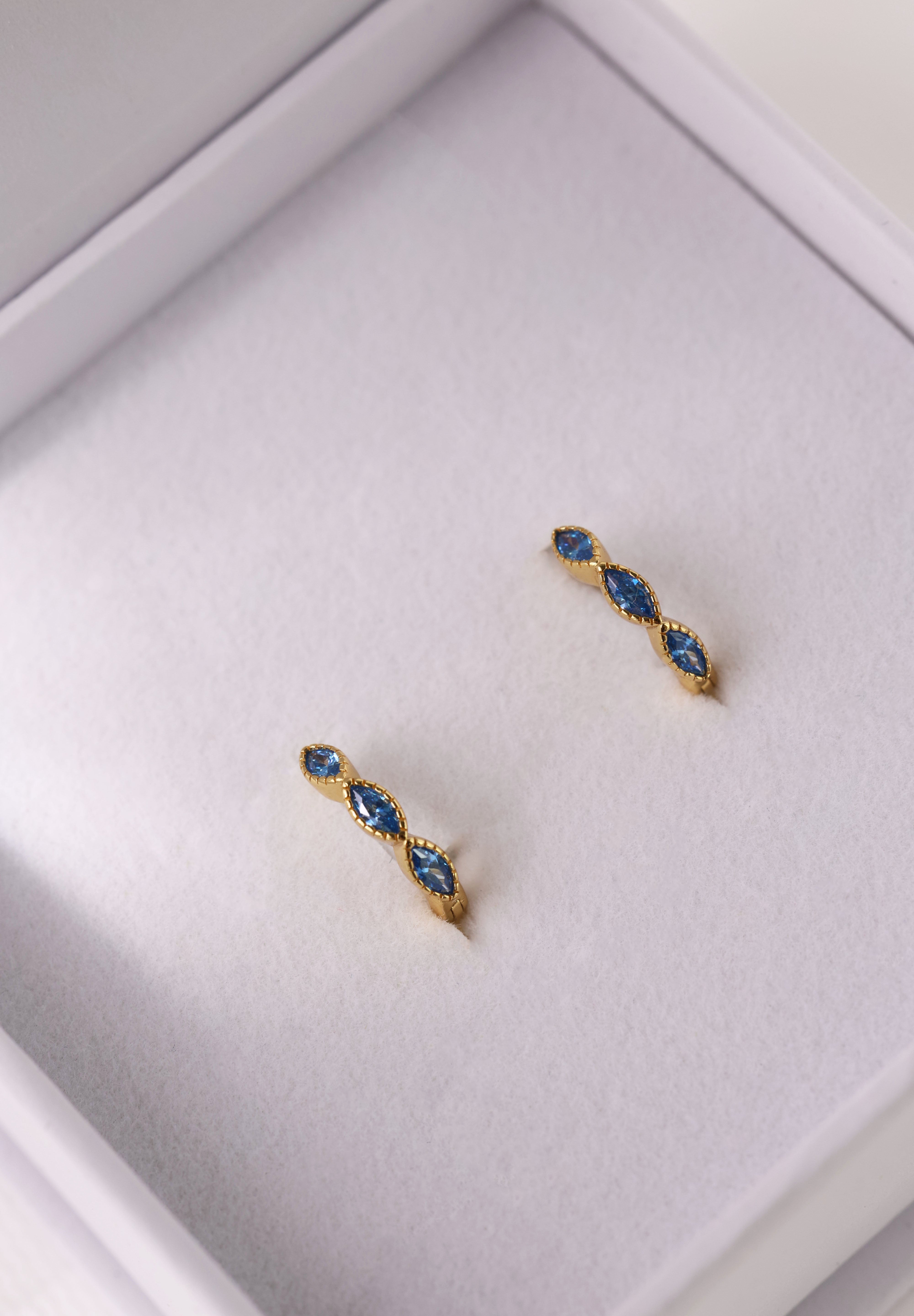 Blue Marquise Gold Hoops- Sterling Silver