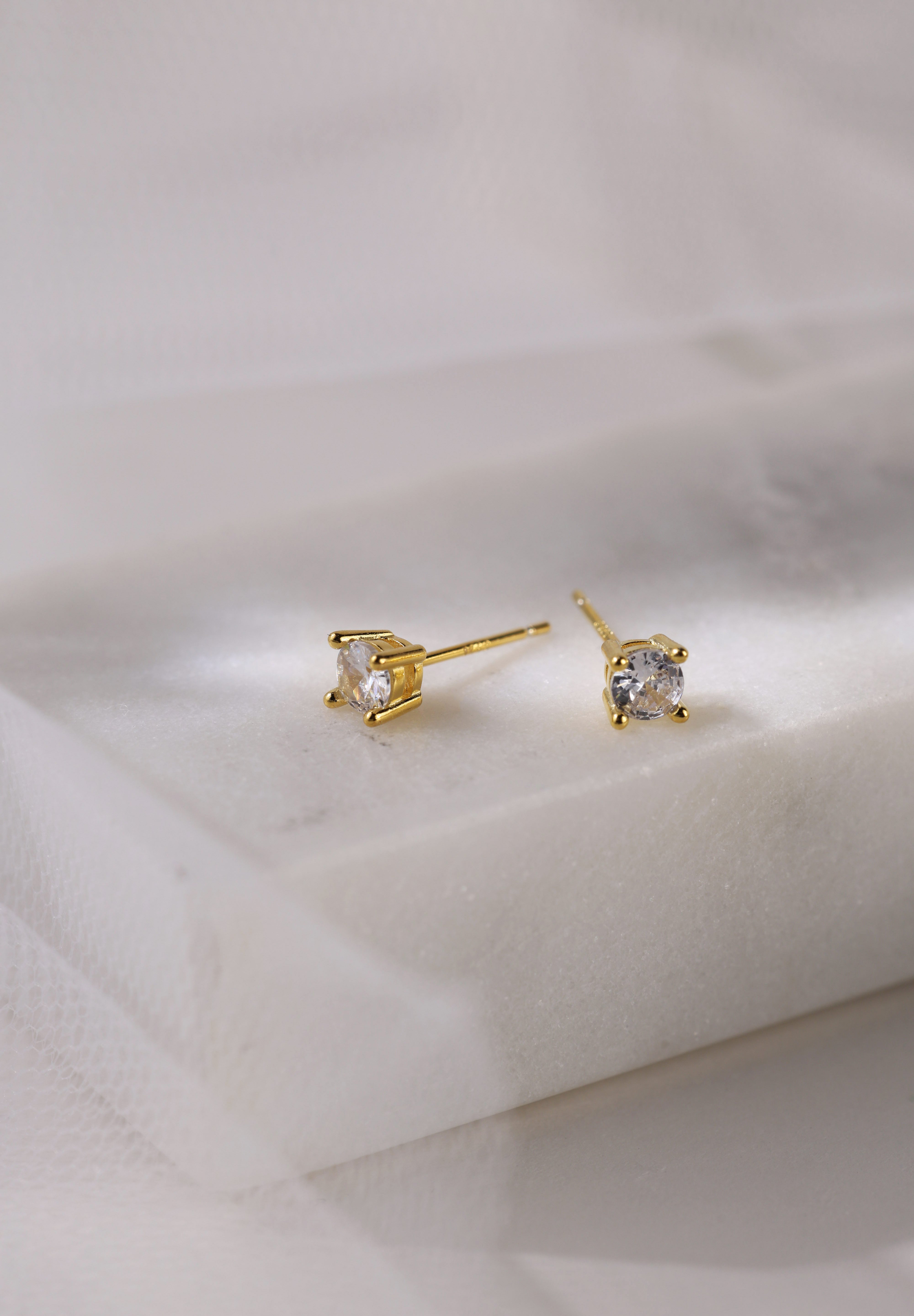 4 Prong Diamond Cubic Stud Earrings 2mm,3mm,4mm GOLD