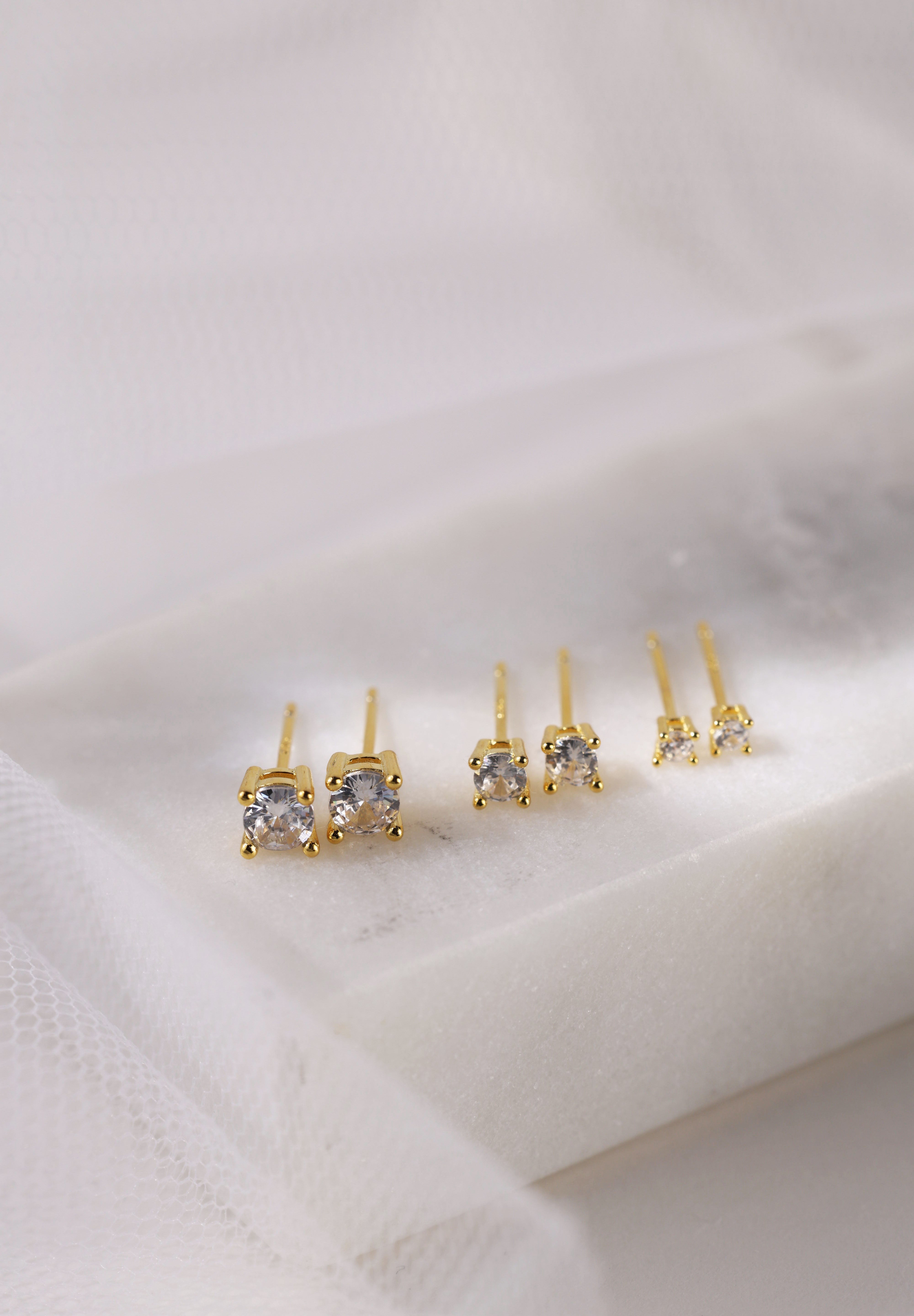 4 Prong Diamond Cubic Stud Earrings 2mm,3mm,4mm GOLD