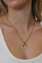 Personalised stainless steel necklace with pearl main charm, birthstone and initial charms on an easy‑open hook, waterproof and tarnish‑free.