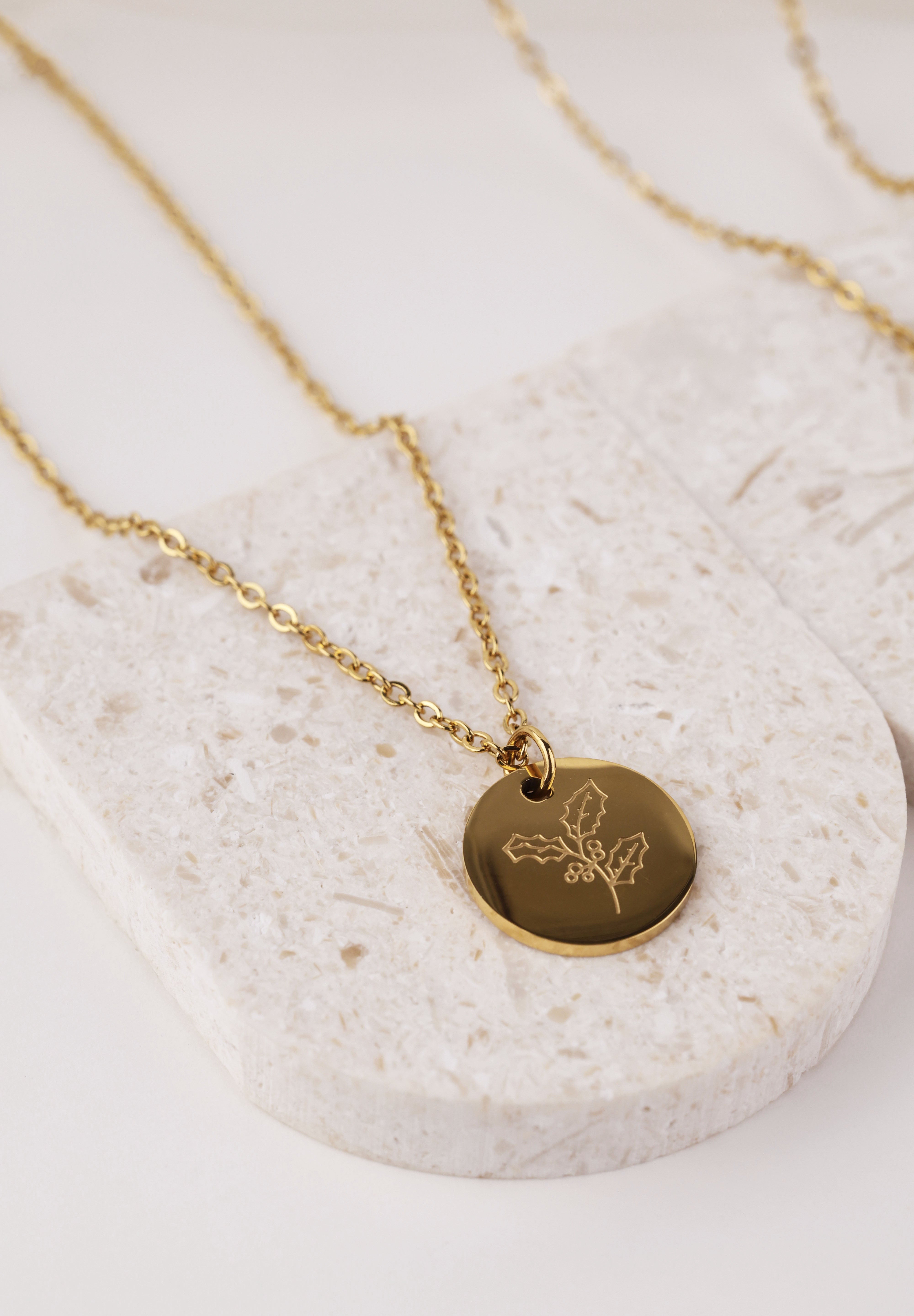 Birth Flower Pendant Gold Necklace - Stainless Steel