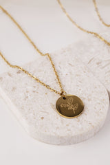 Birth Flower Pendant Gold Necklace - Stainless Steel