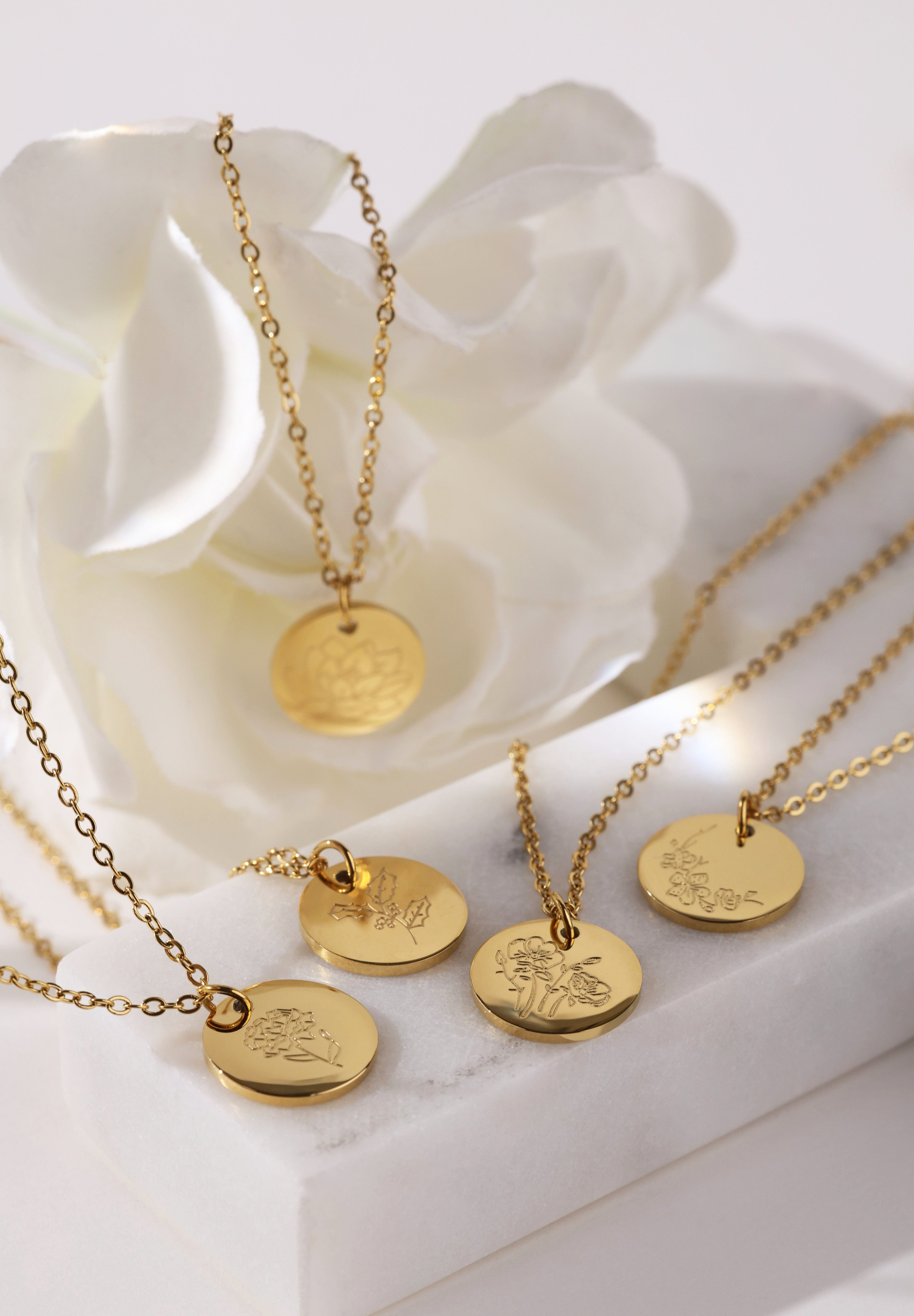 Birth Flower Pendant Gold Necklace - Stainless Steel