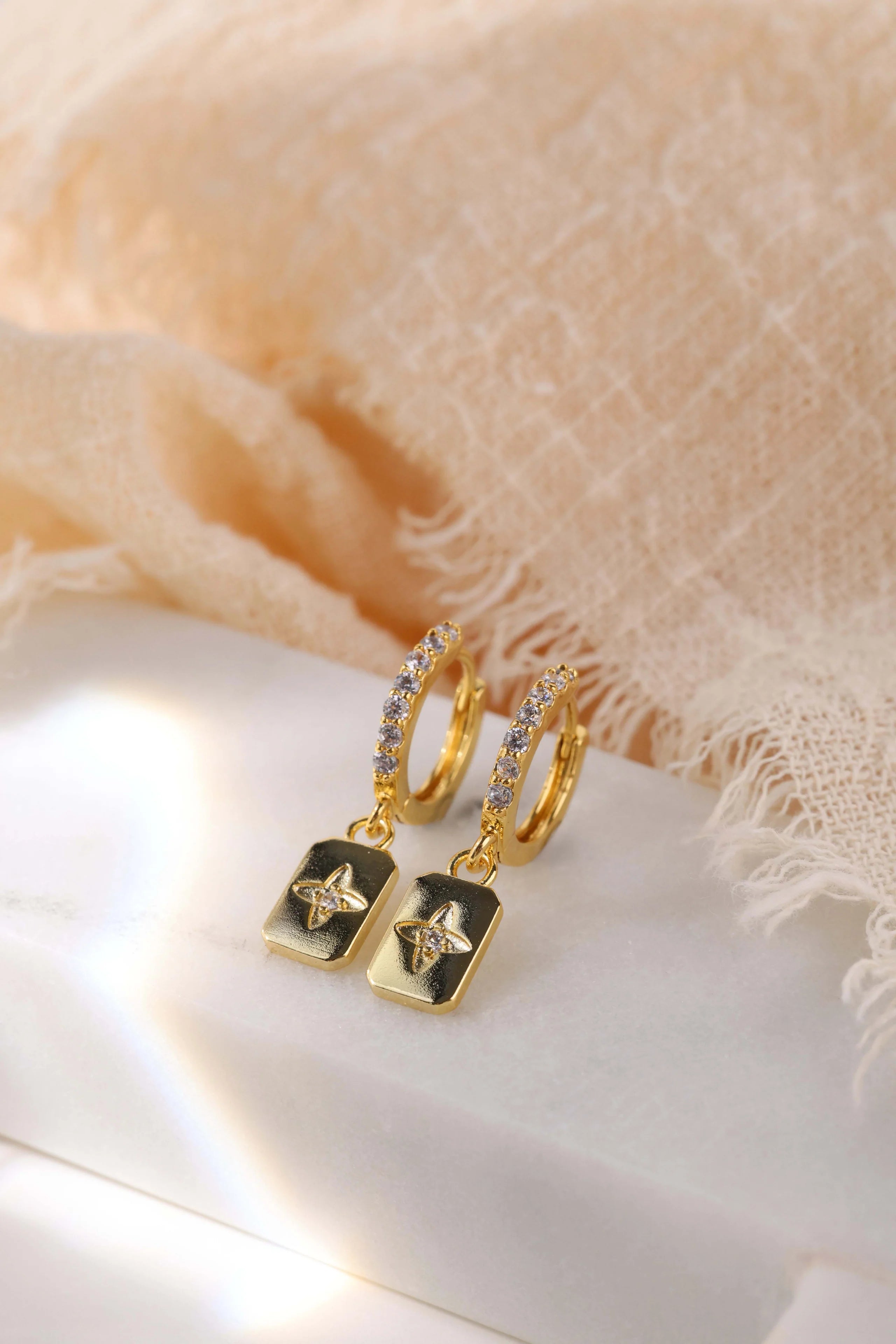 Faylinn Silver Square Dangle Earrings Gold Pave Hoop