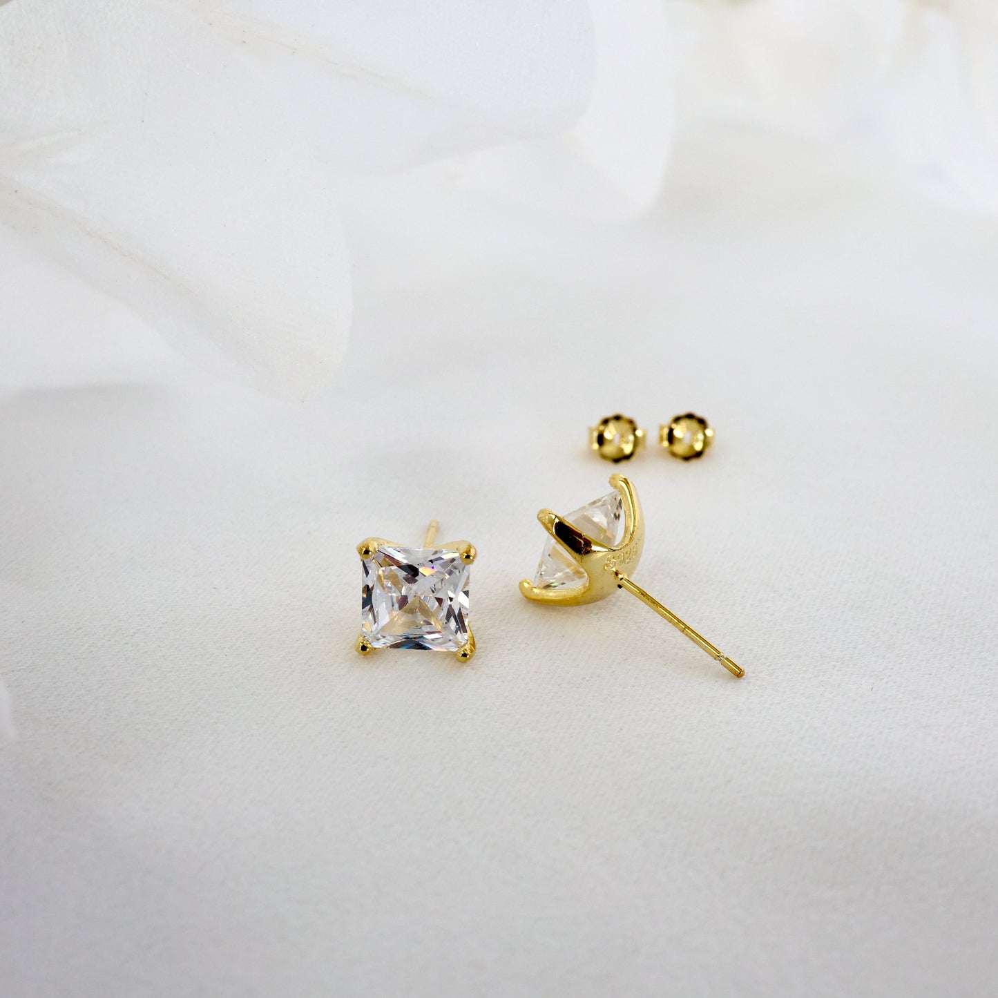 Princess Cut 8mm Diamond CZ Gold Stud Earring