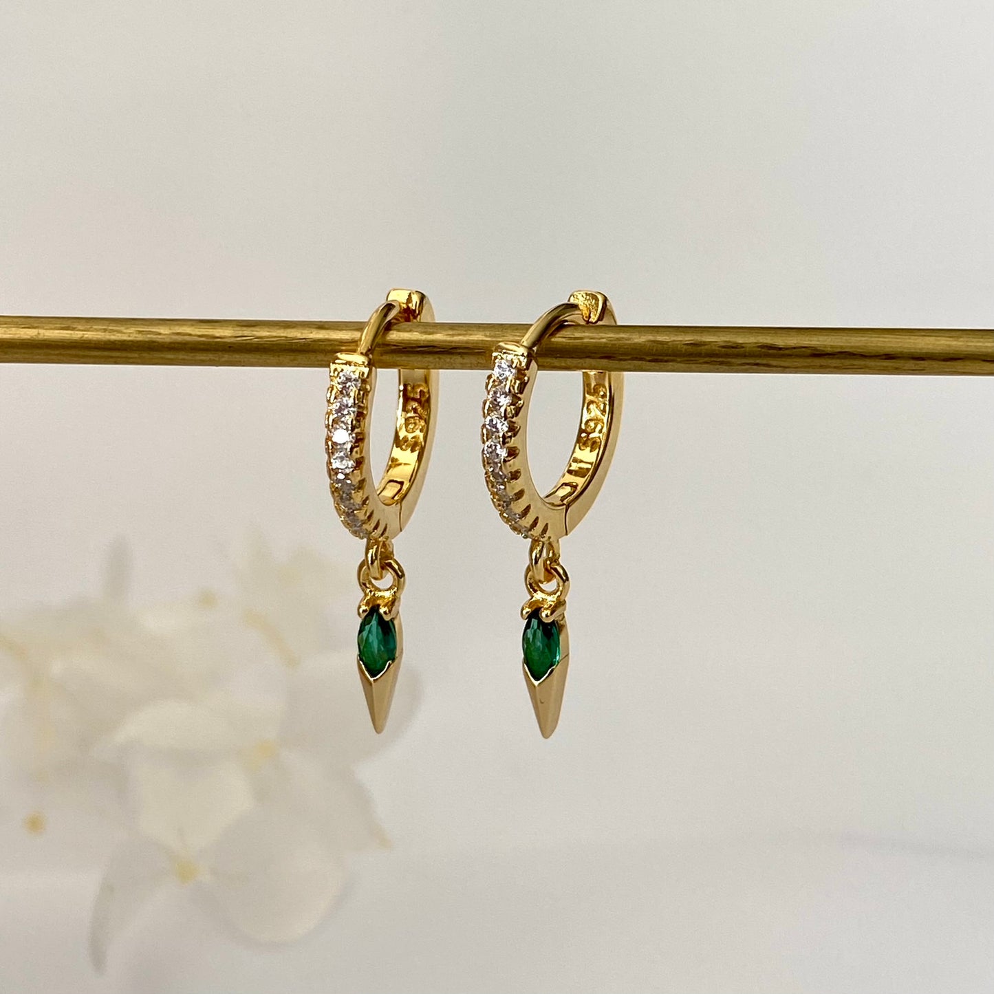 Emerald Earrings, Dainty Green drop Earrings, Cubic Gold Huggie Hoop, 925 Sterling Silver earrings, Emerald Cubic Gold Earrings