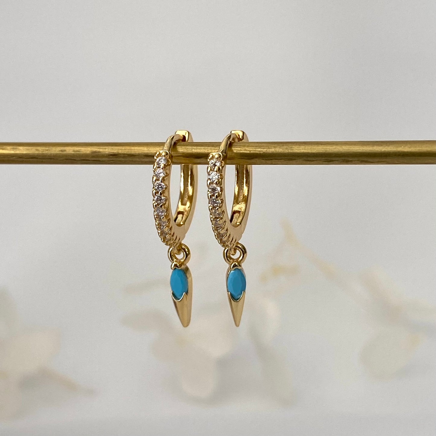 Turquoise Earrings, Dainty Turquoise drop Earrings, Cubic Gold Huggie Hoop, 925 Sterling Silver earrings, Skyblue Gold Cubic Earrings
