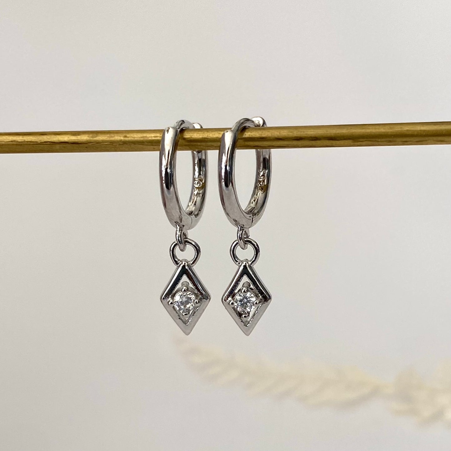 Diamond Rhombus Silver Dangle Earrings