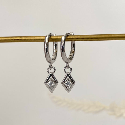 Diamond Rhombus Silver Dangle Earrings