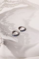 Mia Blue Huggie Dangle Earrings in Sterling Silver – rhodium-plated hoops with blue cubic zirconia, hypoallergenic dainty silver earrings for women, available individually or as part of 3-pair earring stack set