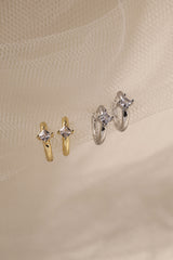 Diamond Princess Gold Huggie Hoop Earrings – 18K gold-plated brass, princess-cut cubic zirconia, 13mm hoop, hypoallergenic, nickel-free, dainty gold earrings for women”