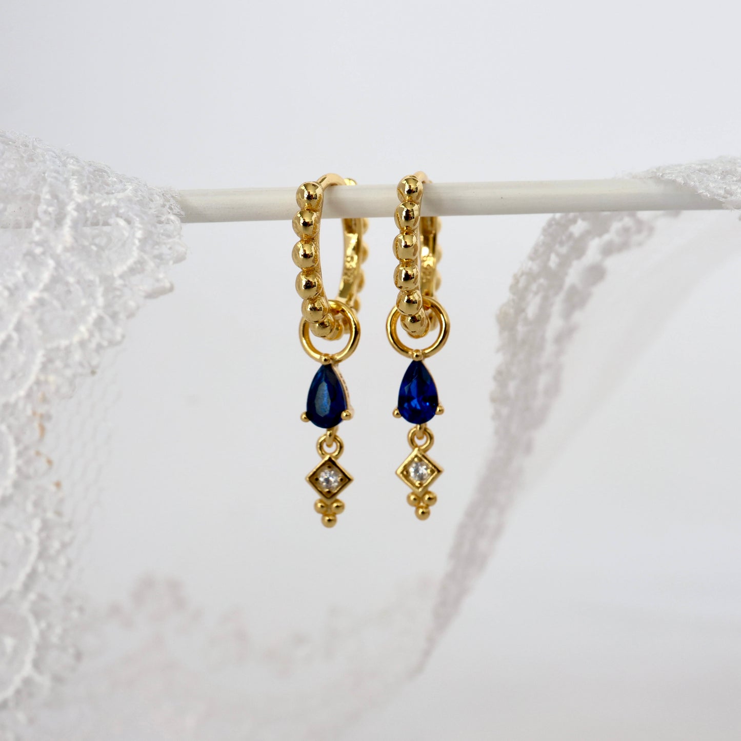 Blue 3 Teardrop Dangle Gold earring Stacks