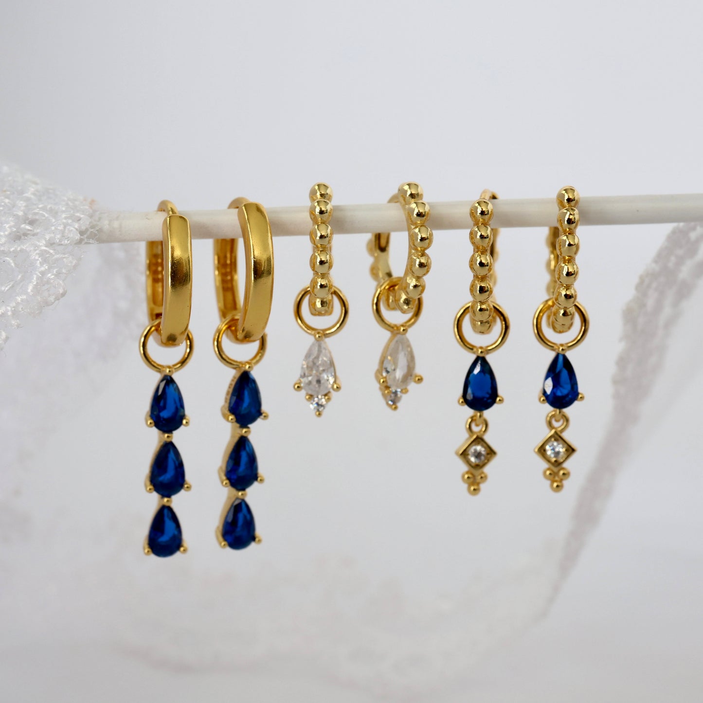 Blue 3 Teardrop Dangle Gold earring Stacks