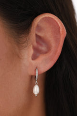 Fresh pearl drop earrings with lustrous white pearls, gold or silver hoops, and sparkling CZ accents—lightweight, elegant, and perfect for brides, bridesmaids, gifting, or everyday sophistication