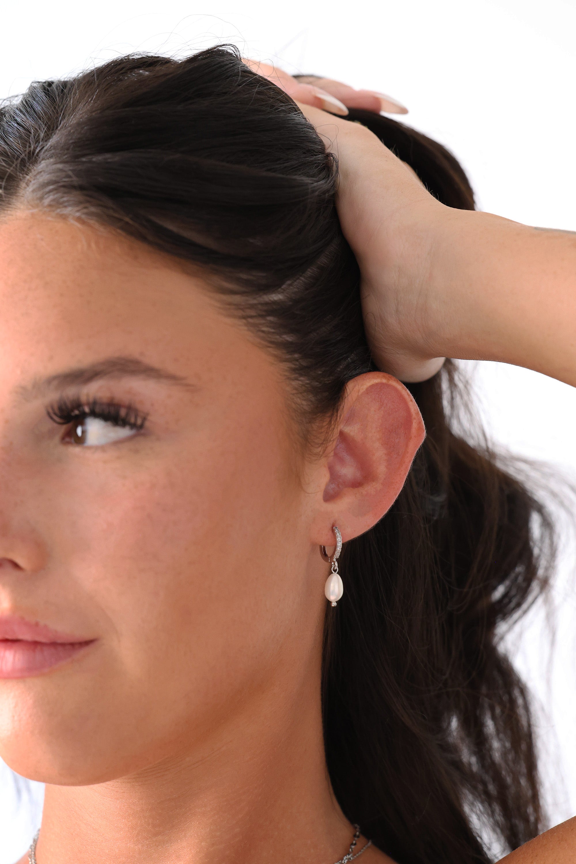 Fresh pearl drop earrings with lustrous white pearls, gold or silver hoops, and sparkling CZ accents—lightweight, elegant, and perfect for brides, bridesmaids, gifting, or everyday sophistication