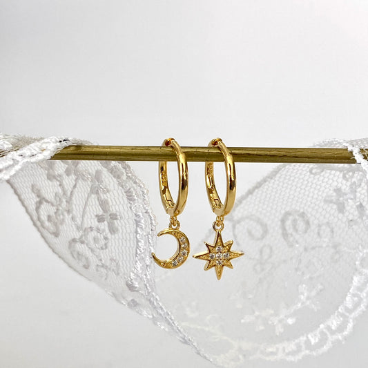 Gold Moon and Star Dangle Earring