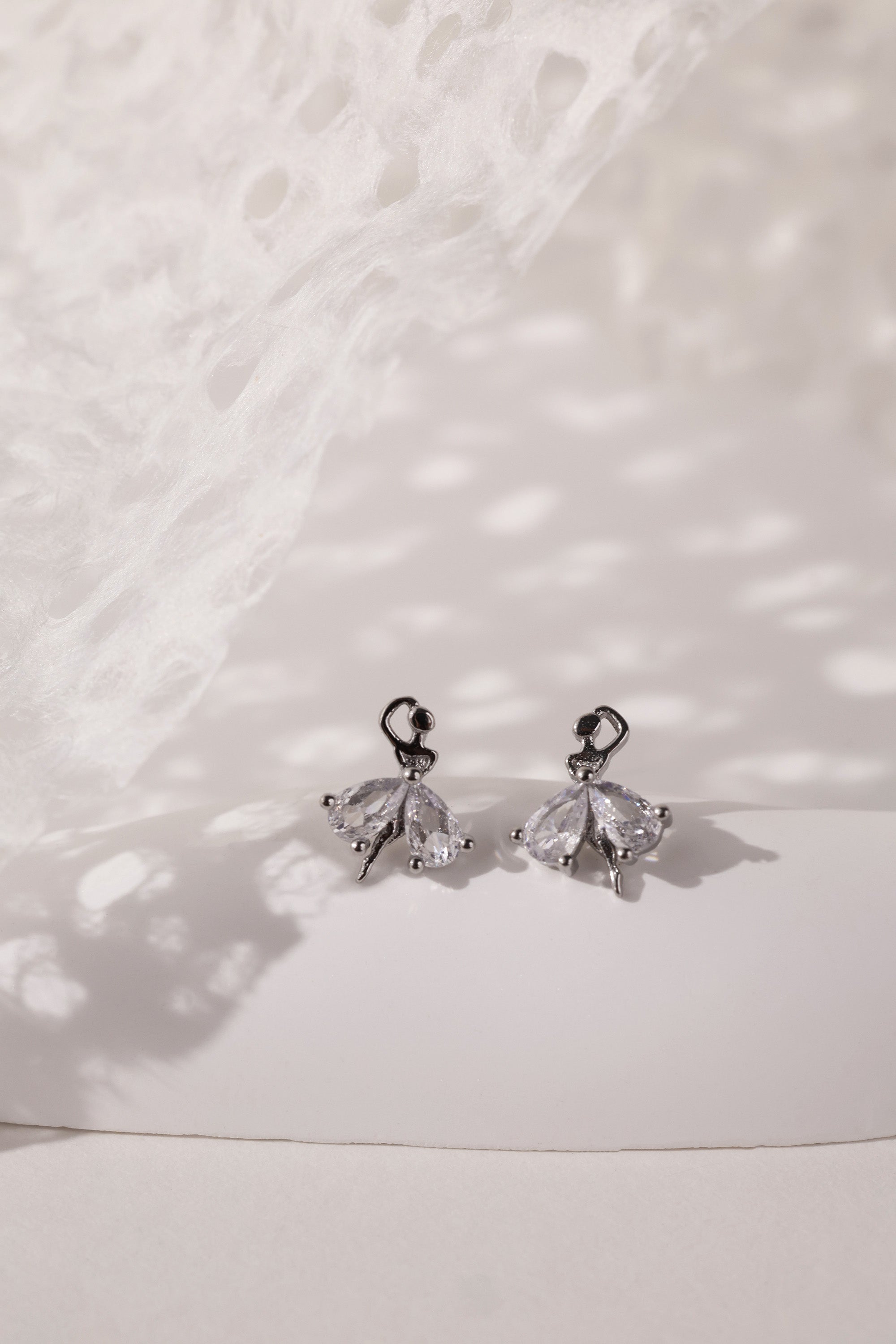 Sterling silver rhodium-plated ballerina stud earrings for second, third, helix, tragus, and conch piercings