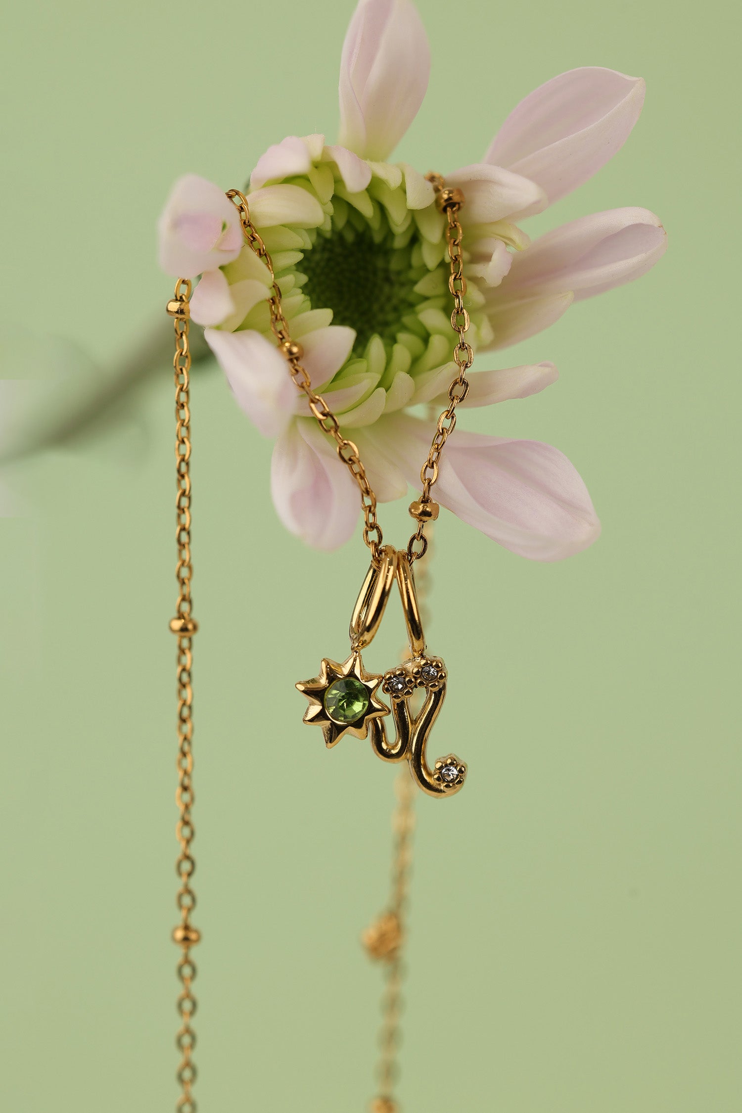 A gold pendant necklace with a zodiac sign and green gemstone, draped over a pale pink flower against a soft green background.